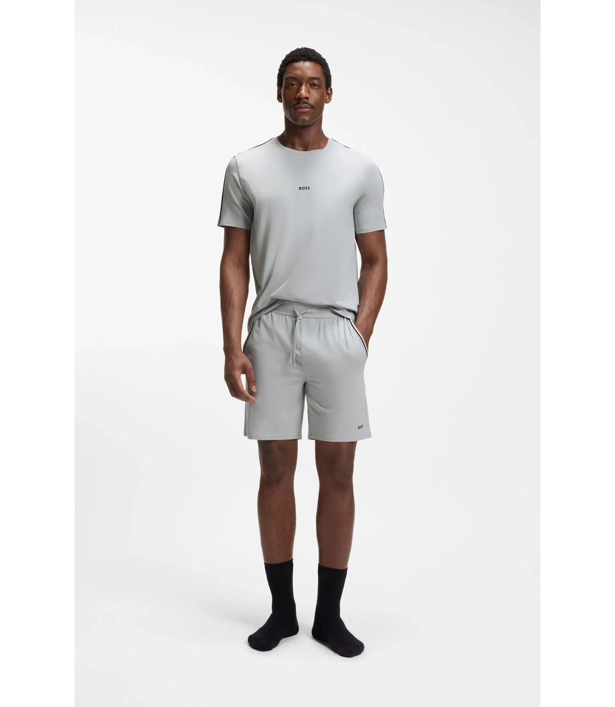Boss Stretch Cotton Pyjama T-Shirt With Signature Stripe Tape Light Grey