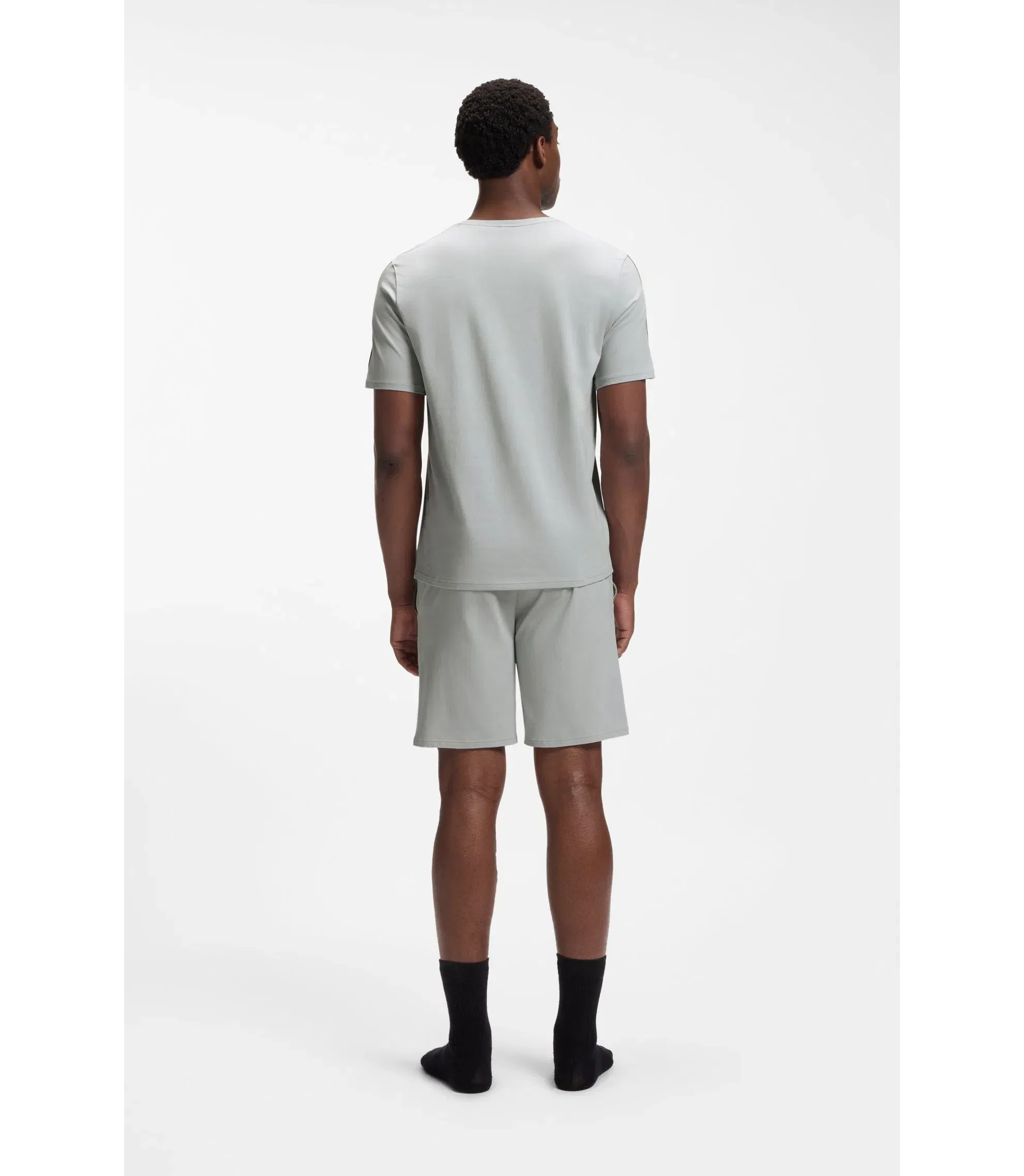 Boss Stretch Cotton Pyjama T-Shirt With Signature Stripe Tape Light Grey