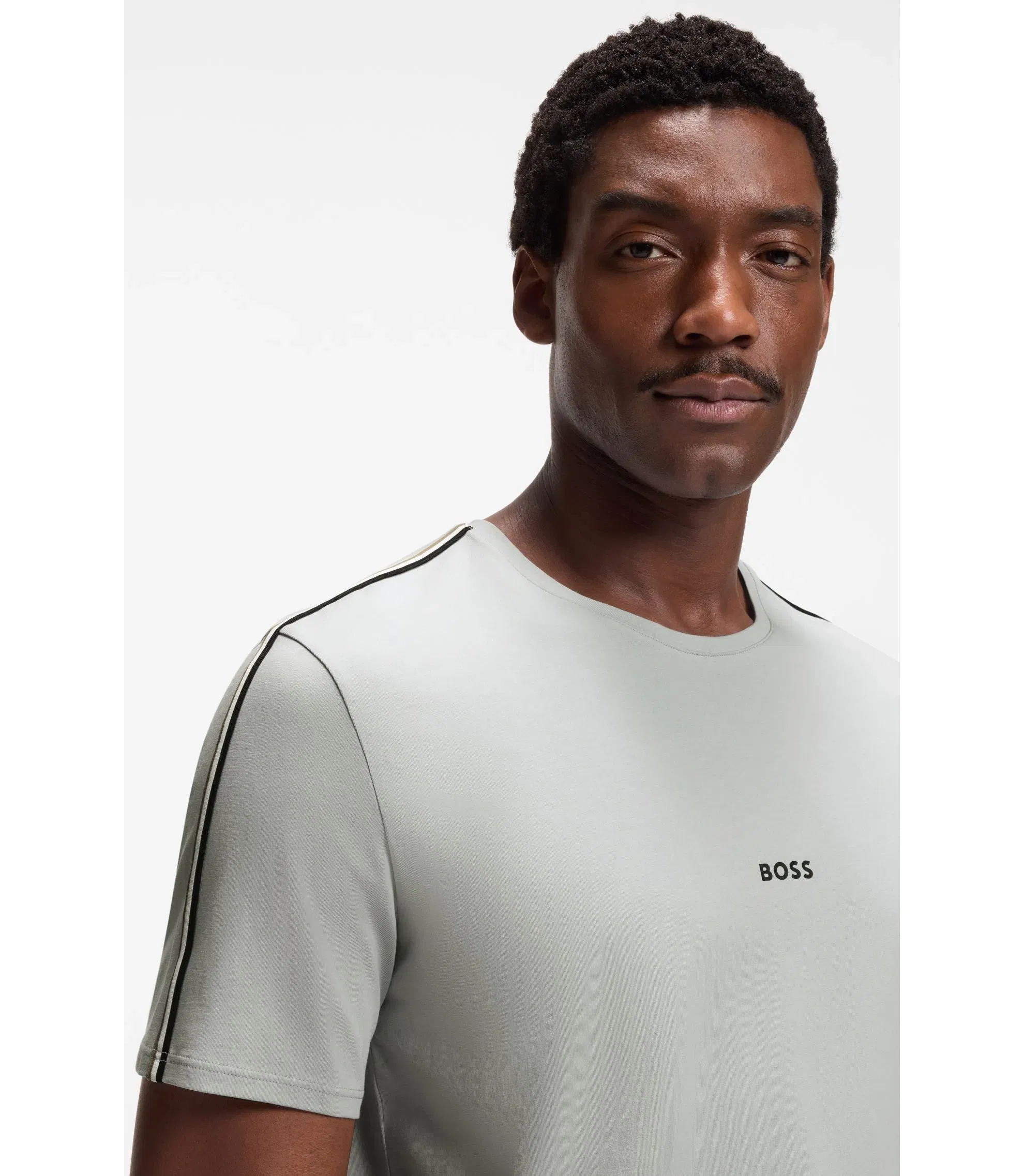 Boss Stretch Cotton Pyjama T-Shirt With Signature Stripe Tape Light Grey