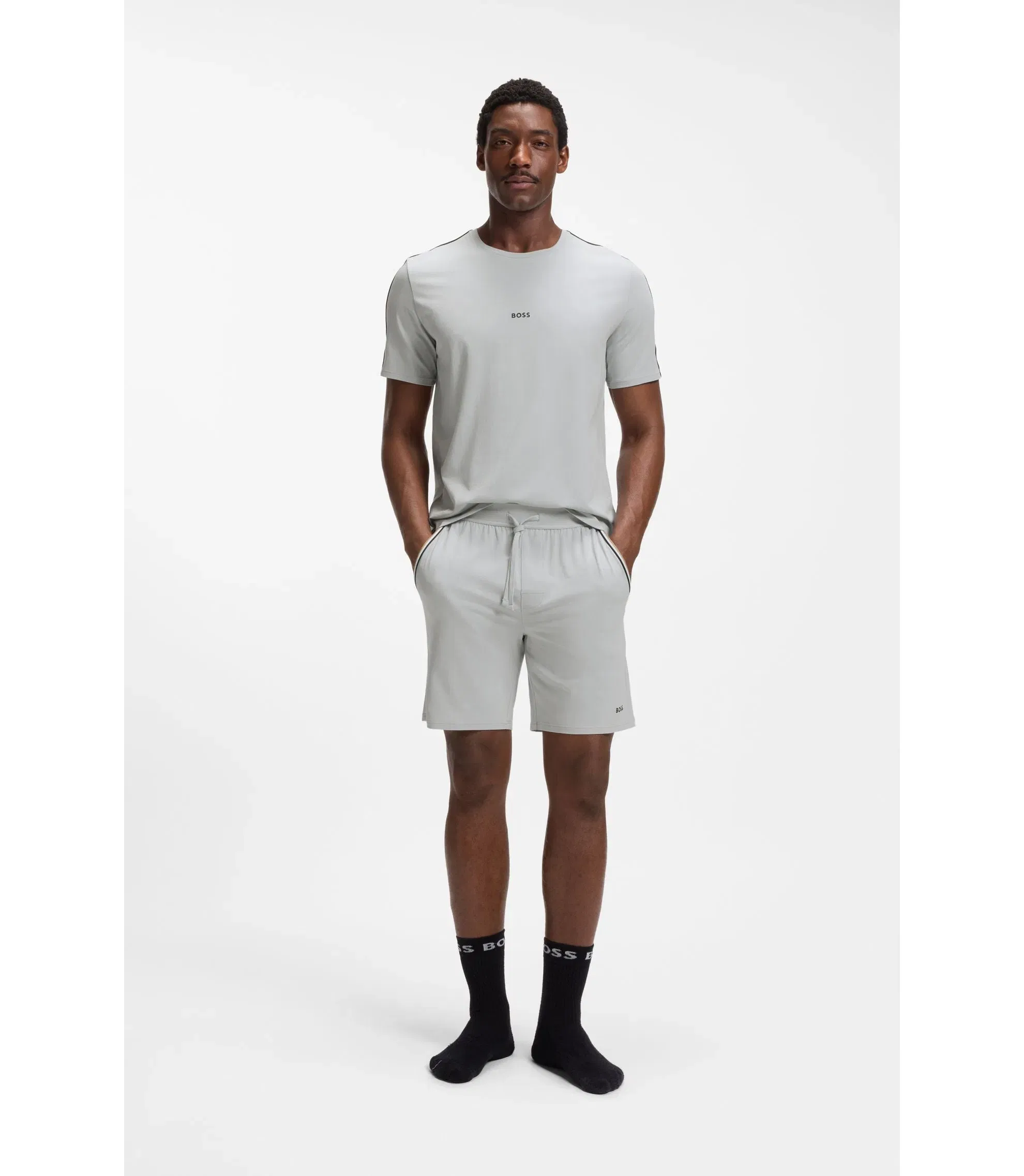Boss Stretch Cotton Pyjama Shorts With Signature Stripe Tape Light Grey