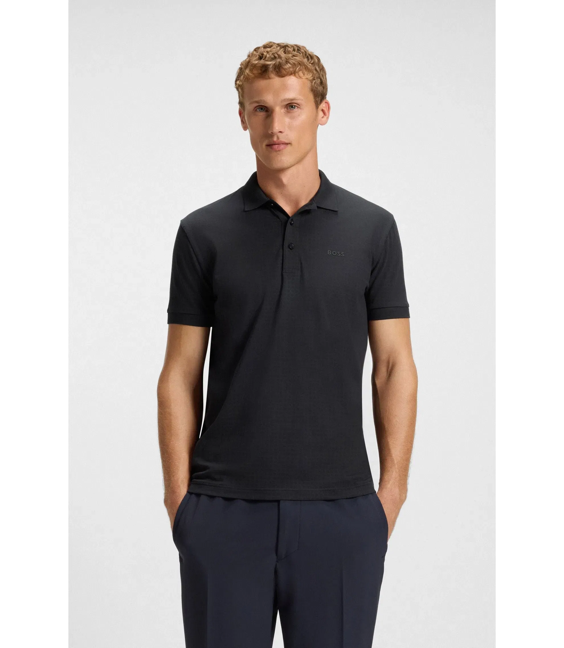 Boss Stretch Cotton Polo Shirt With All Over Print Dark Blue