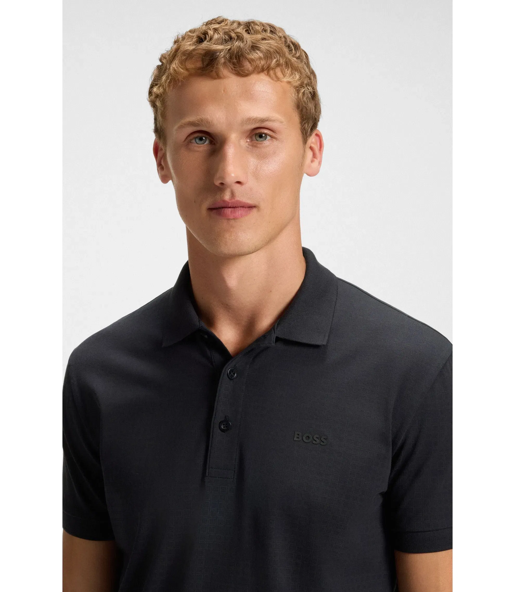 Boss Stretch Cotton Polo Shirt With All Over Print Dark Blue