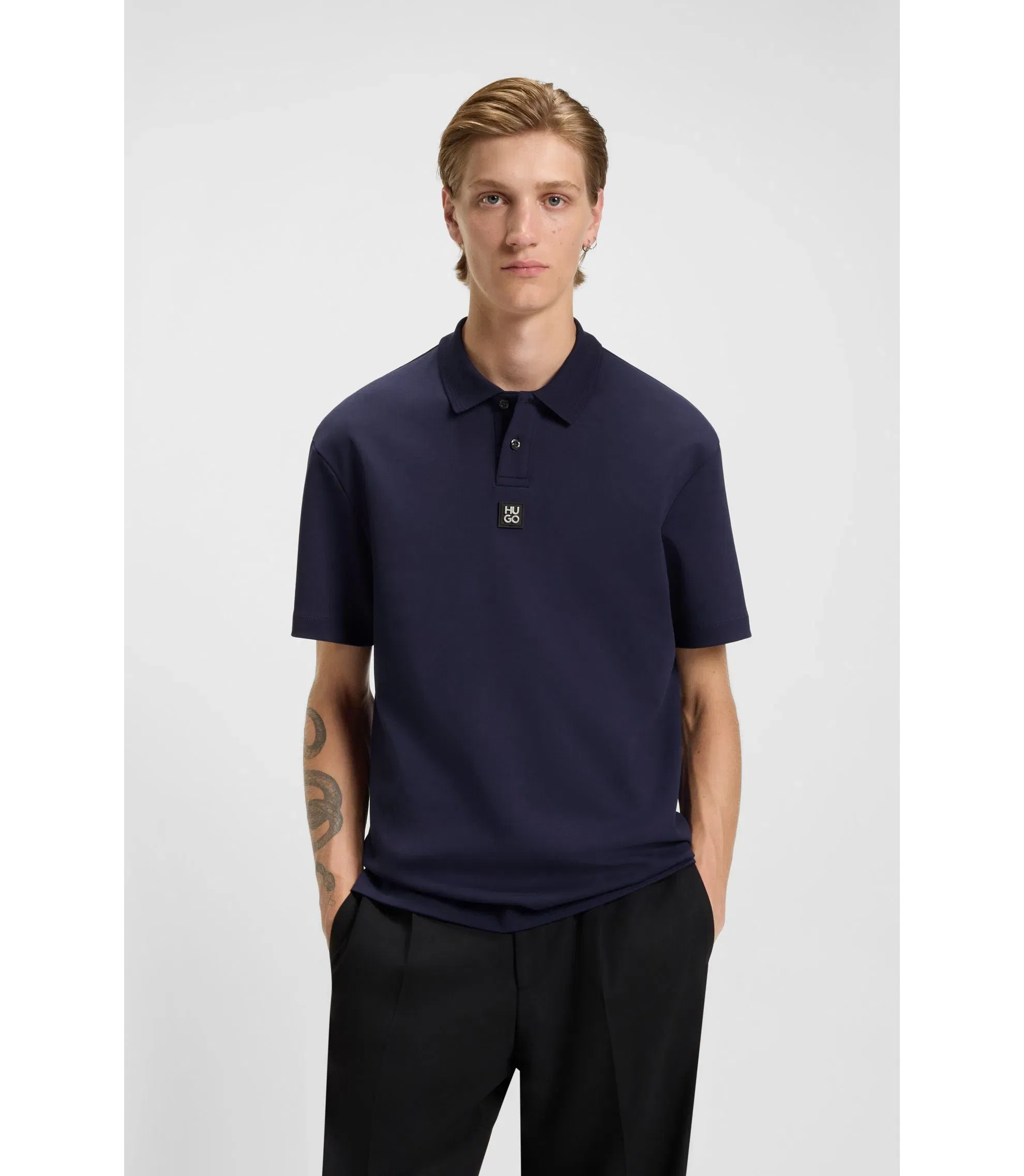 Hugo Stacked Logo Polo Shirt In Interlock Cotton Dark Blue