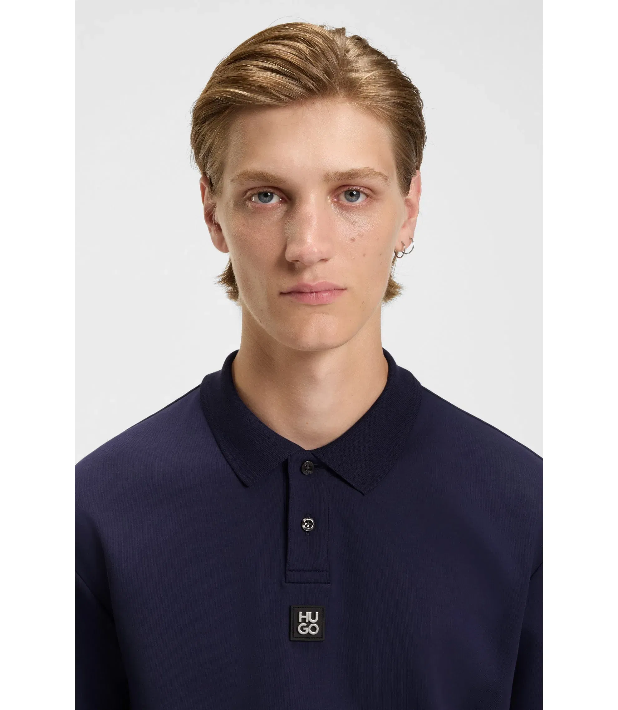 Hugo Stacked Logo Polo Shirt In Interlock Cotton Dark Blue