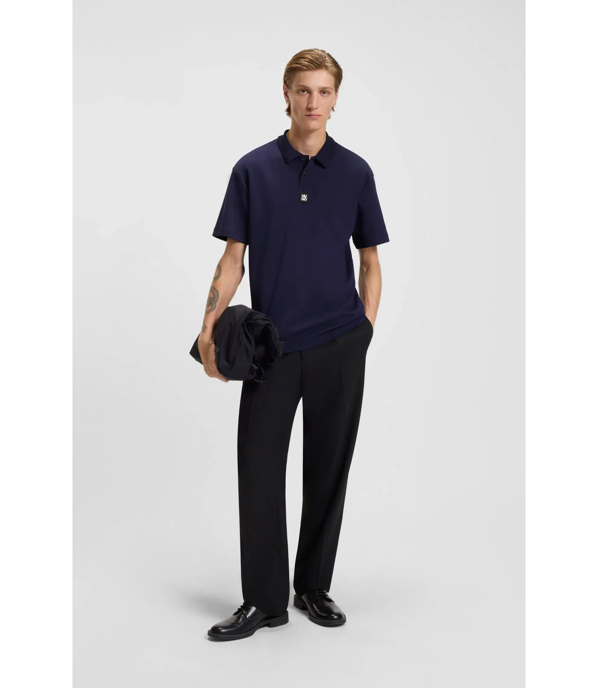 Hugo Stacked Logo Polo Shirt In Interlock Cotton Dark Blue