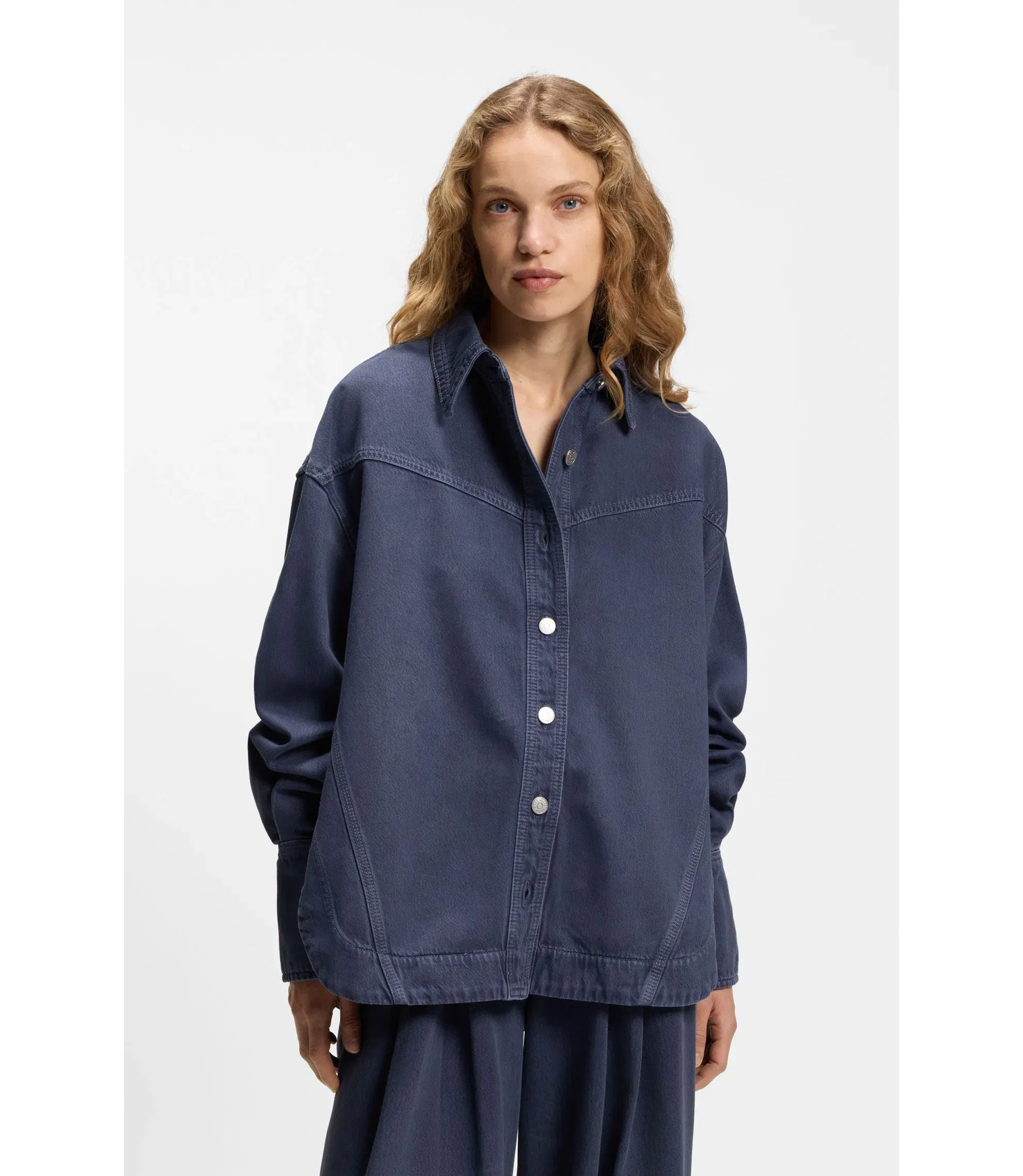 Boss Smoky Blue Oversized Fit Blouse In Rigid Denim Grey Women's