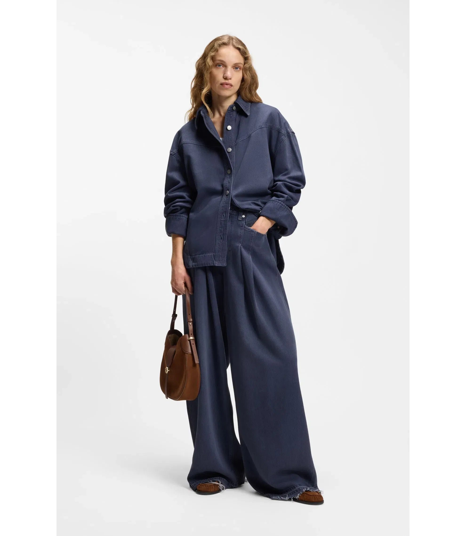 Boss Smoky Blue Oversized Fit Blouse In Rigid Denim Grey Women's