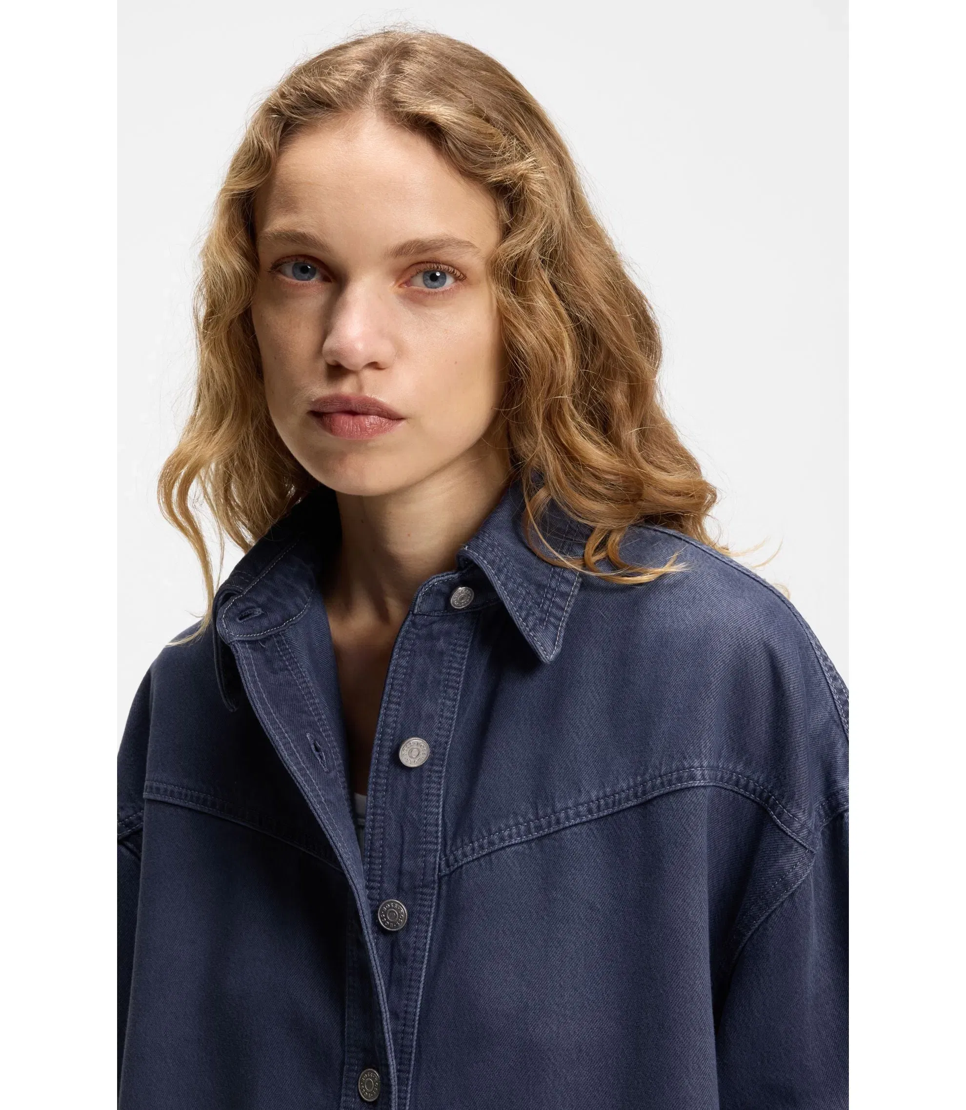 Boss Smoky Blue Oversized Fit Blouse In Rigid Denim Grey Women's