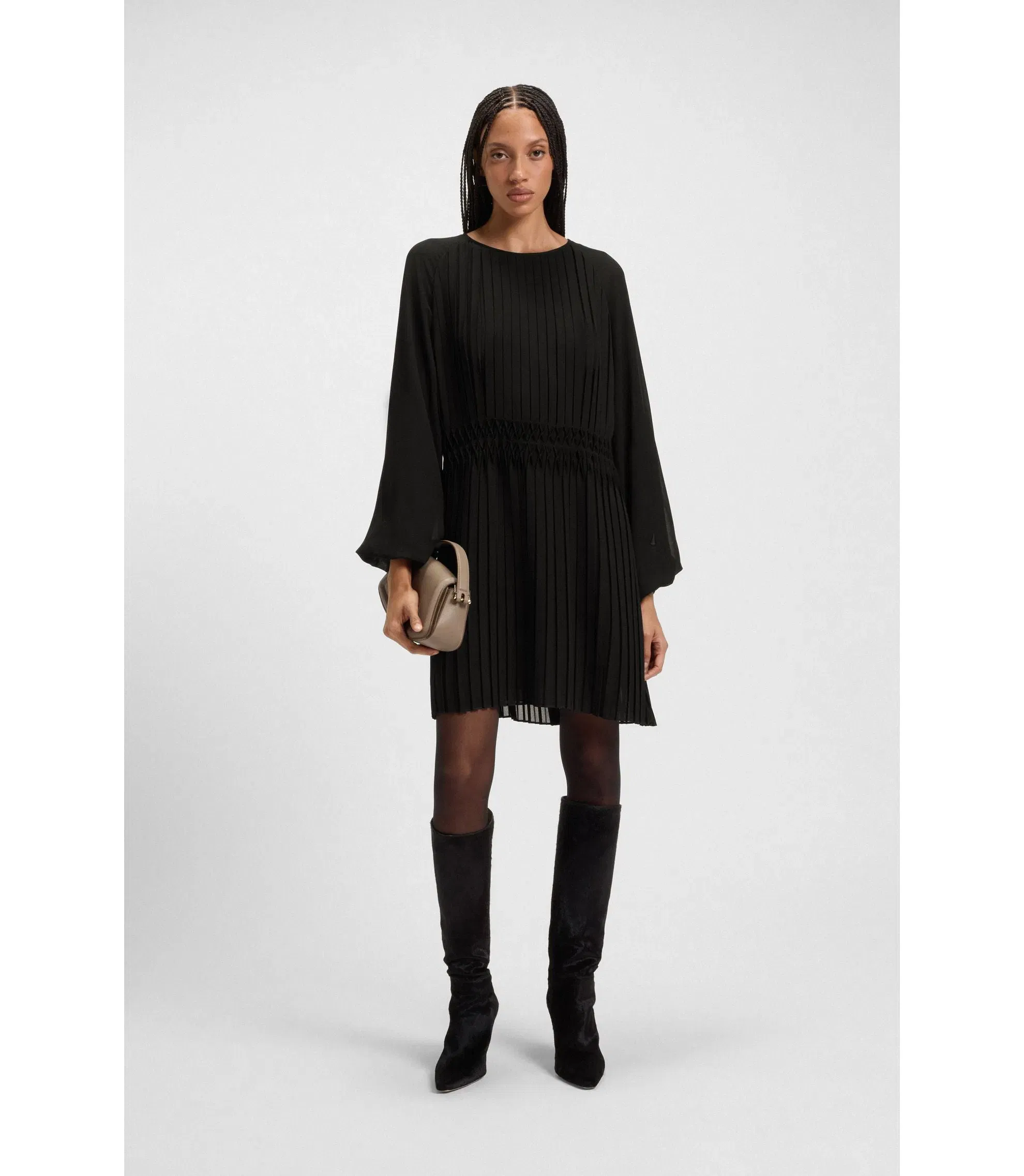 Boss Smocked Waistband Dress With Pliss Pleats Black Women's