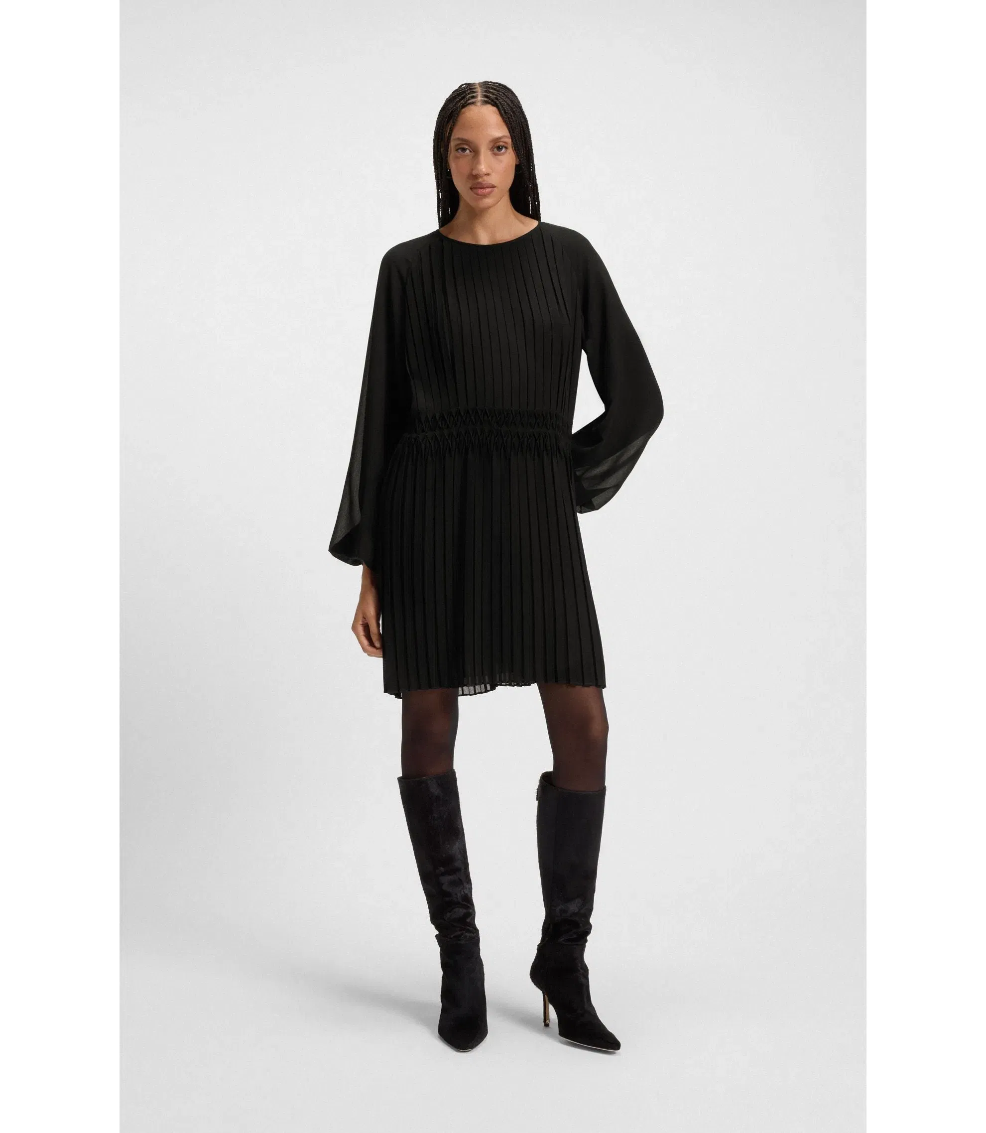 Boss Smocked Waistband Dress With Pliss Pleats Black Women's