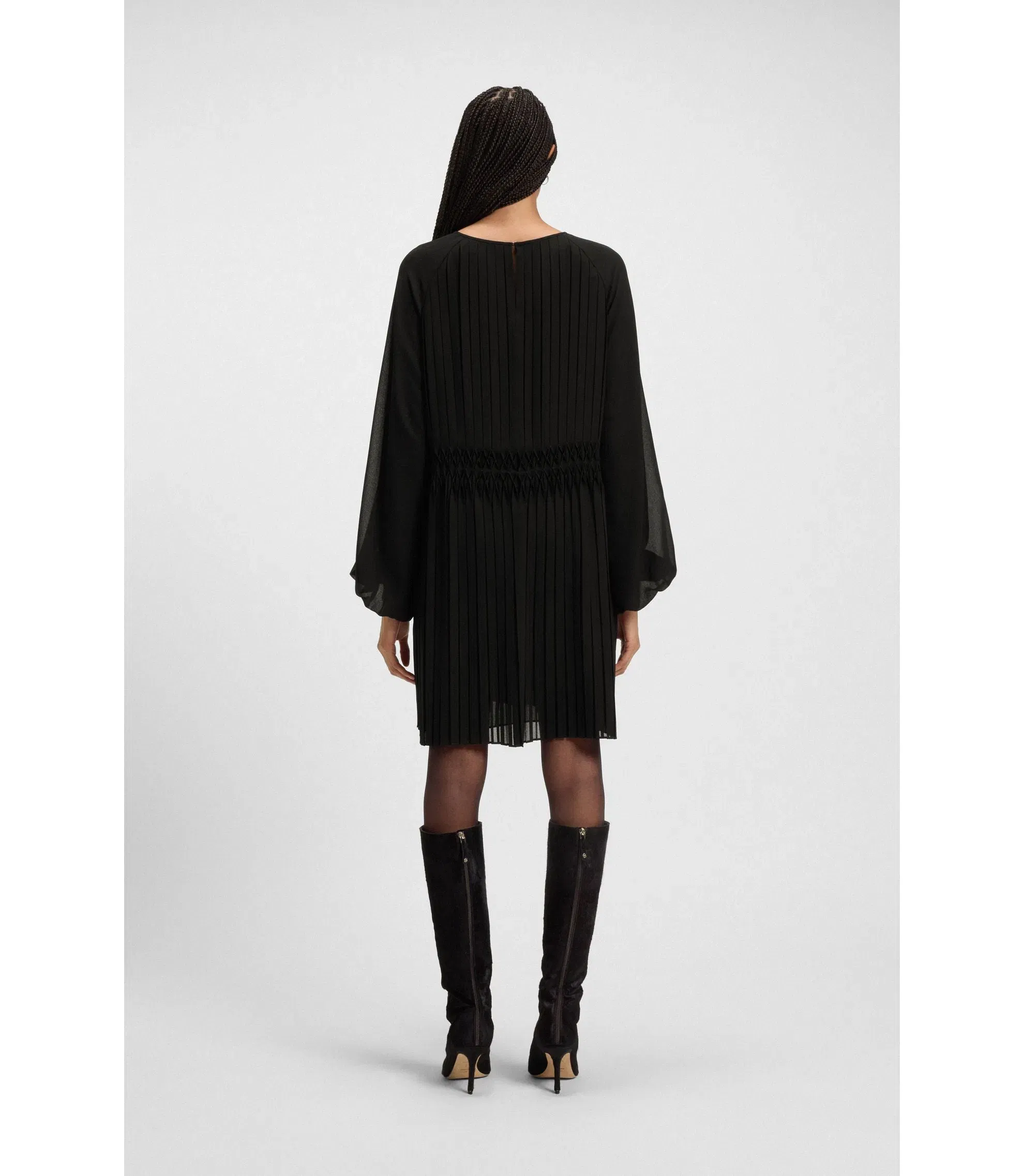 Boss Smocked Waistband Dress With Pliss Pleats Black Women's