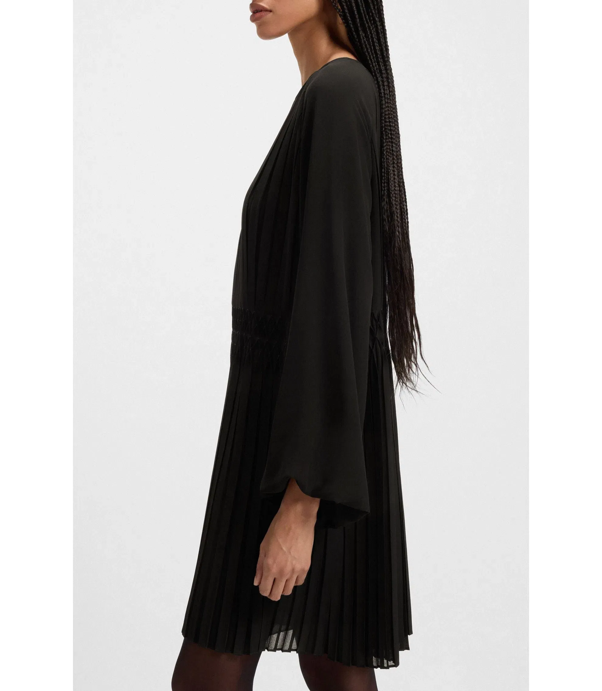Boss Smocked Waistband Dress With Pliss Pleats Black Women's