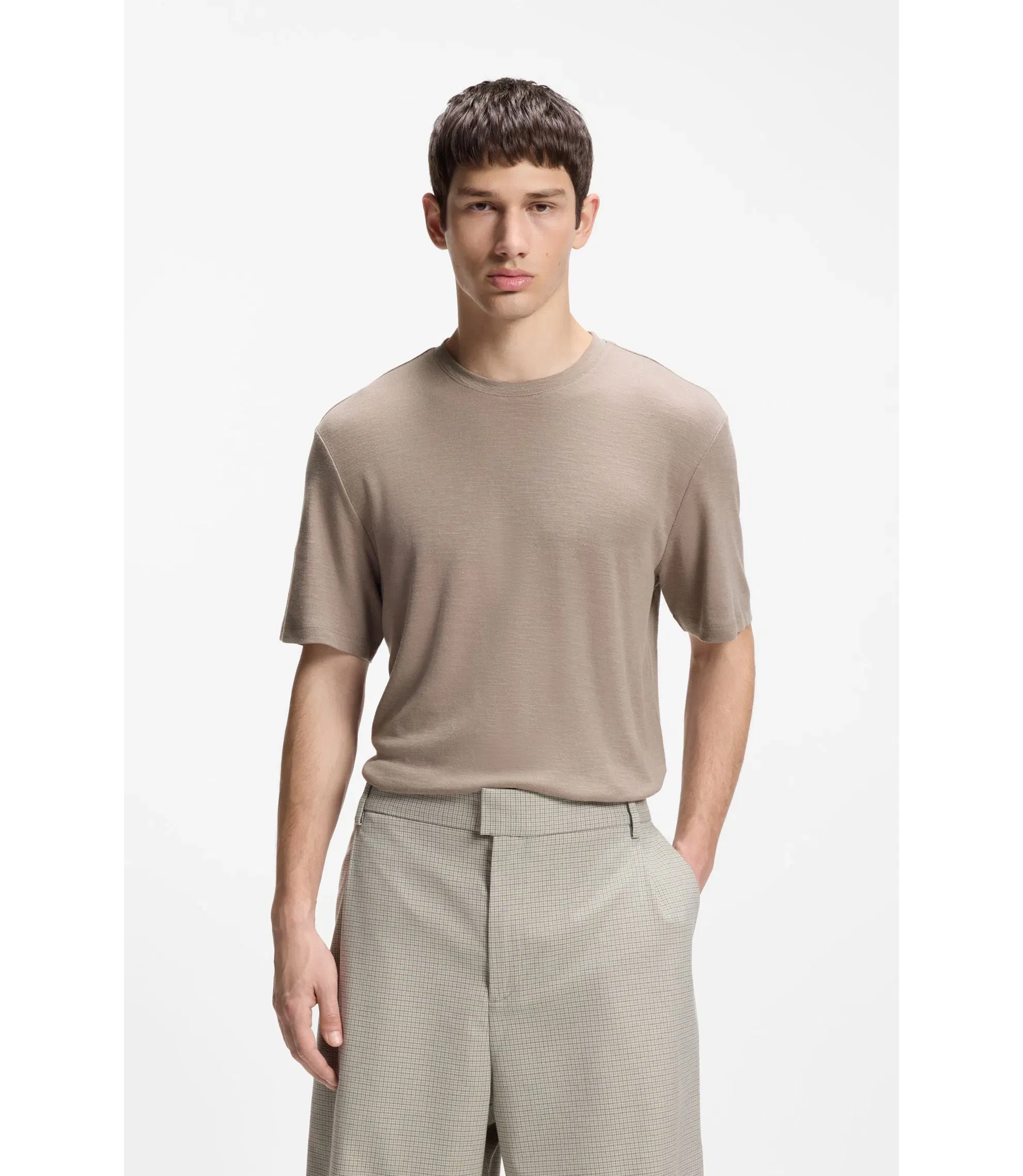 Hugo Slub Interlock T-Shirt In A Slim Fit Light Brown