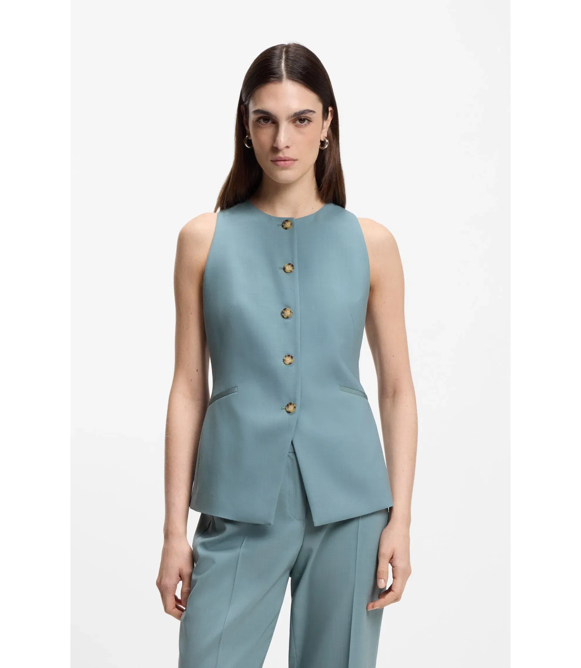 Boss Slim Fit Waistcoat In Virgin Wool Blue Women's