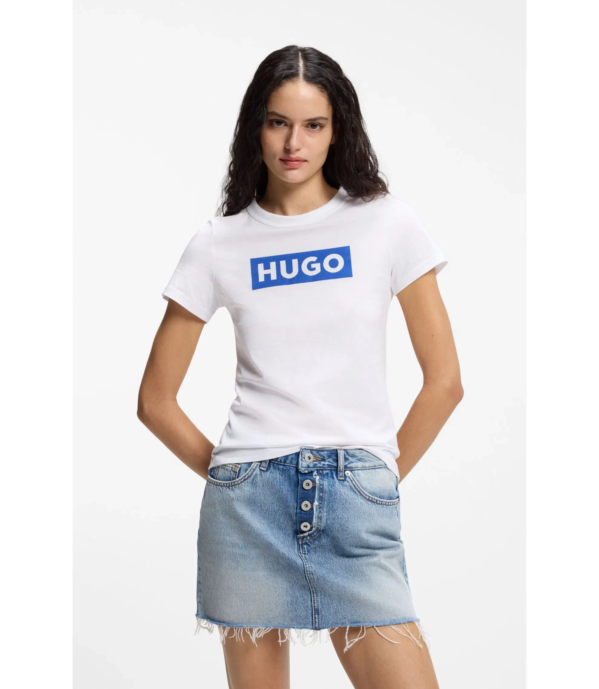 Hugo Slim Fit T-Shirt In Cotton With Blue Boxed Logo White Women's