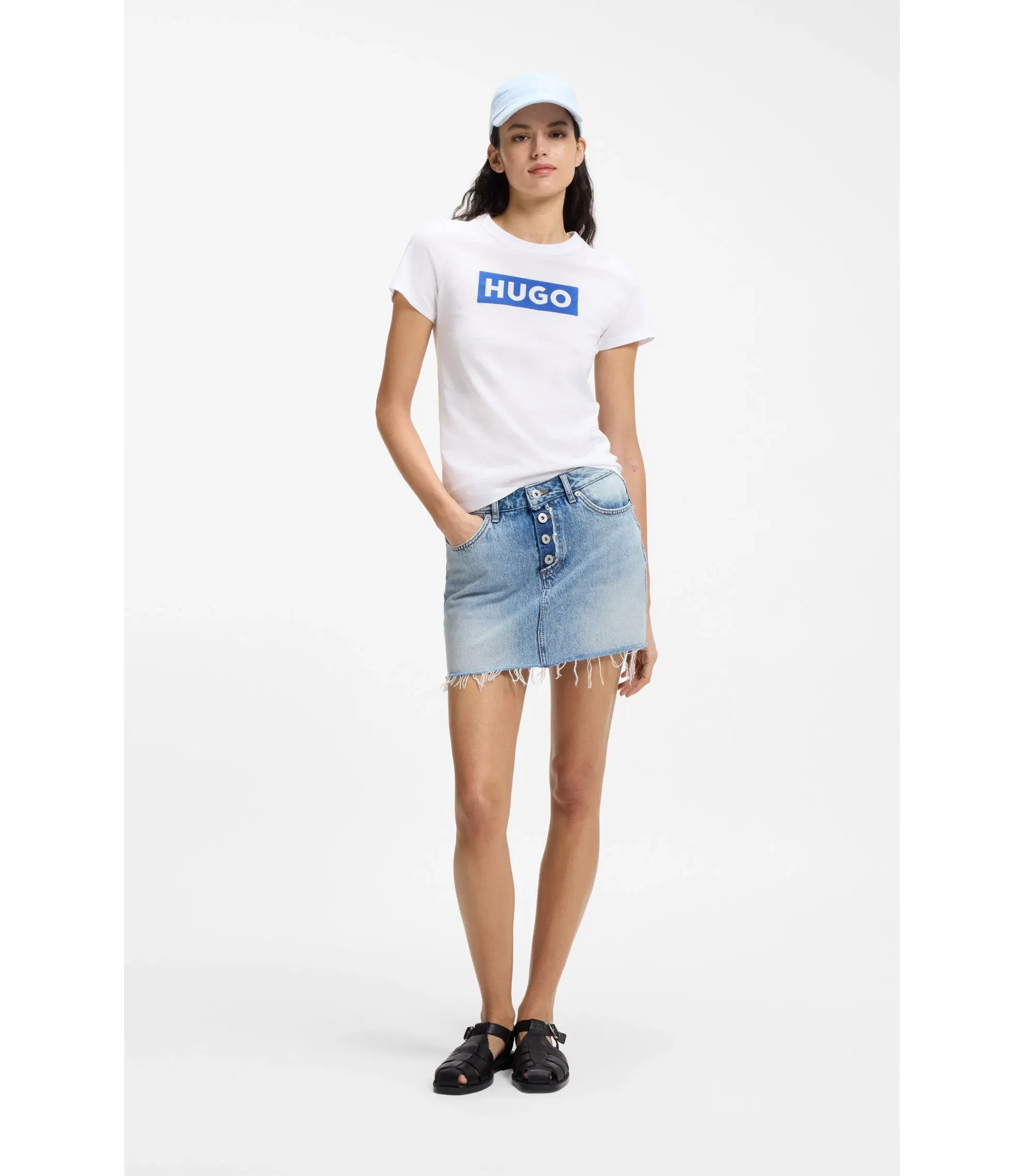 Hugo Slim Fit T-Shirt In Cotton With Blue Boxed Logo White Women's