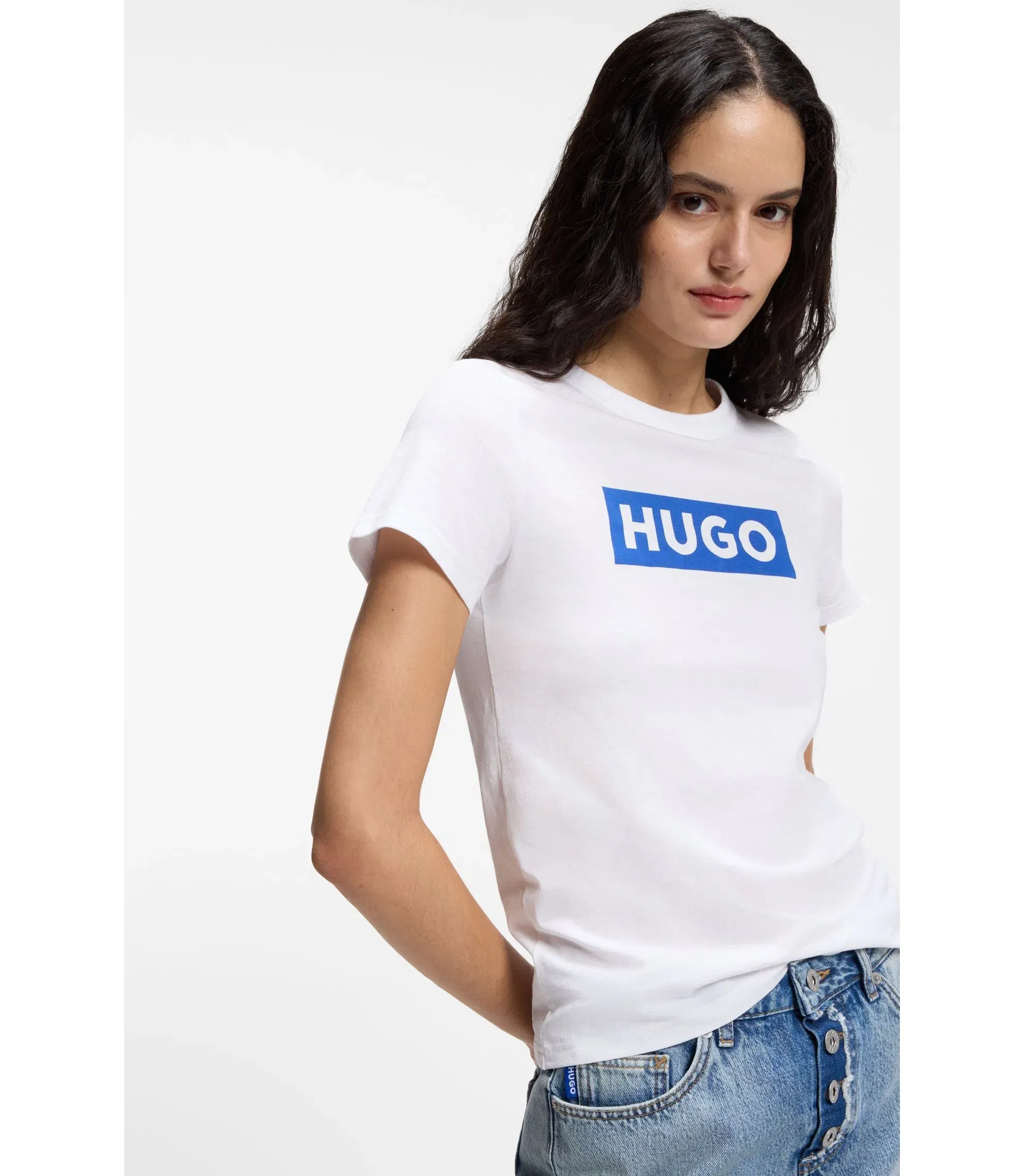Hugo Slim Fit T-Shirt In Cotton With Blue Boxed Logo White Women's