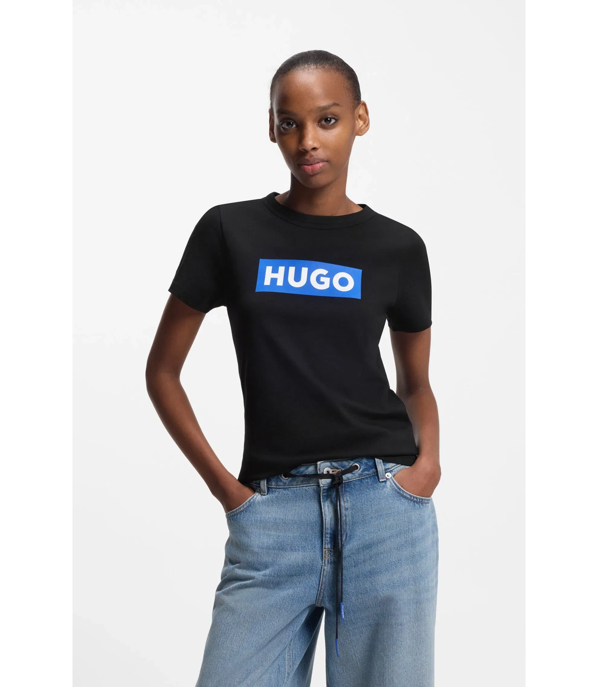 Hugo Slim Fit T-Shirt In Cotton With Blue Boxed Logo Black Women's