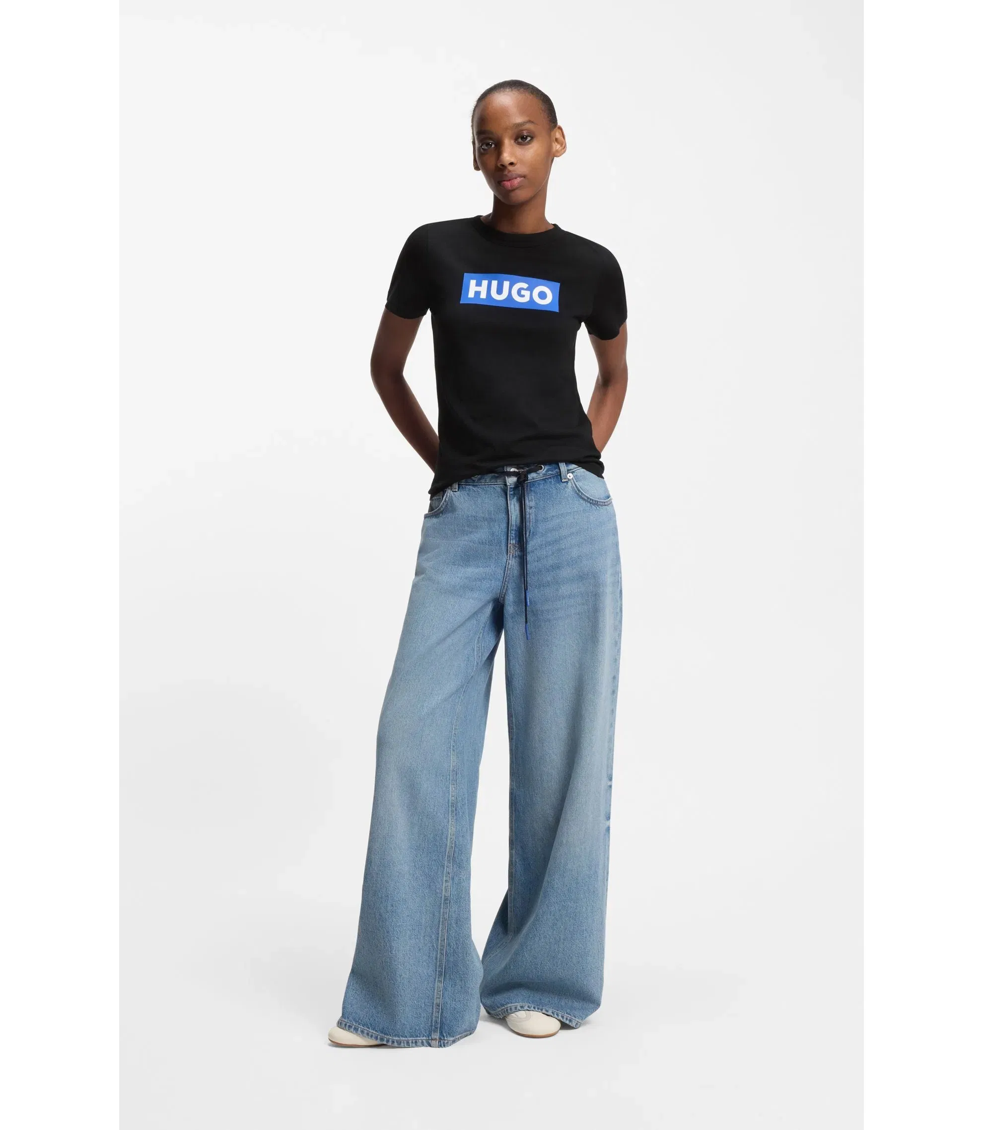 Hugo Slim Fit T-Shirt In Cotton With Blue Boxed Logo Black Women's