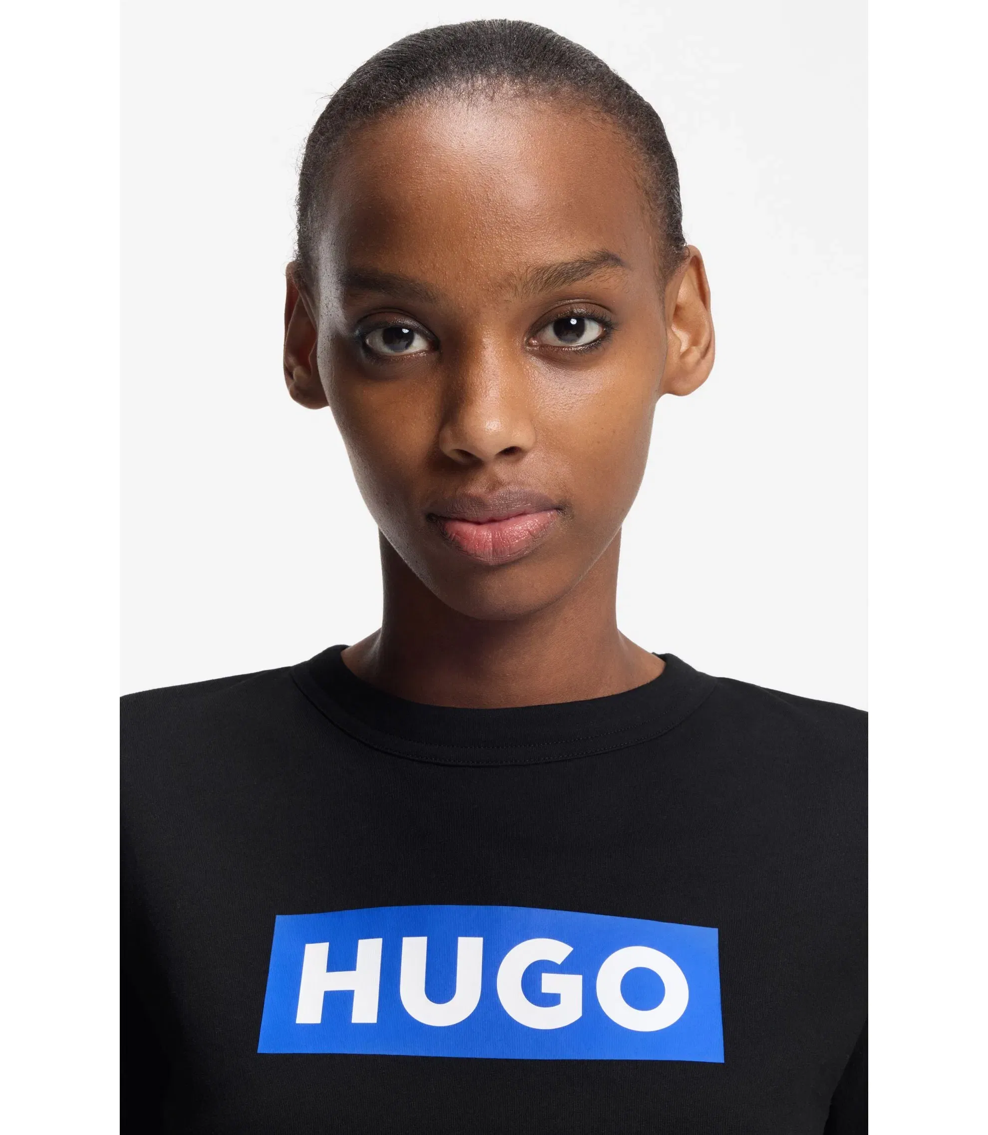 Hugo Slim Fit T-Shirt In Cotton With Blue Boxed Logo Black Women's