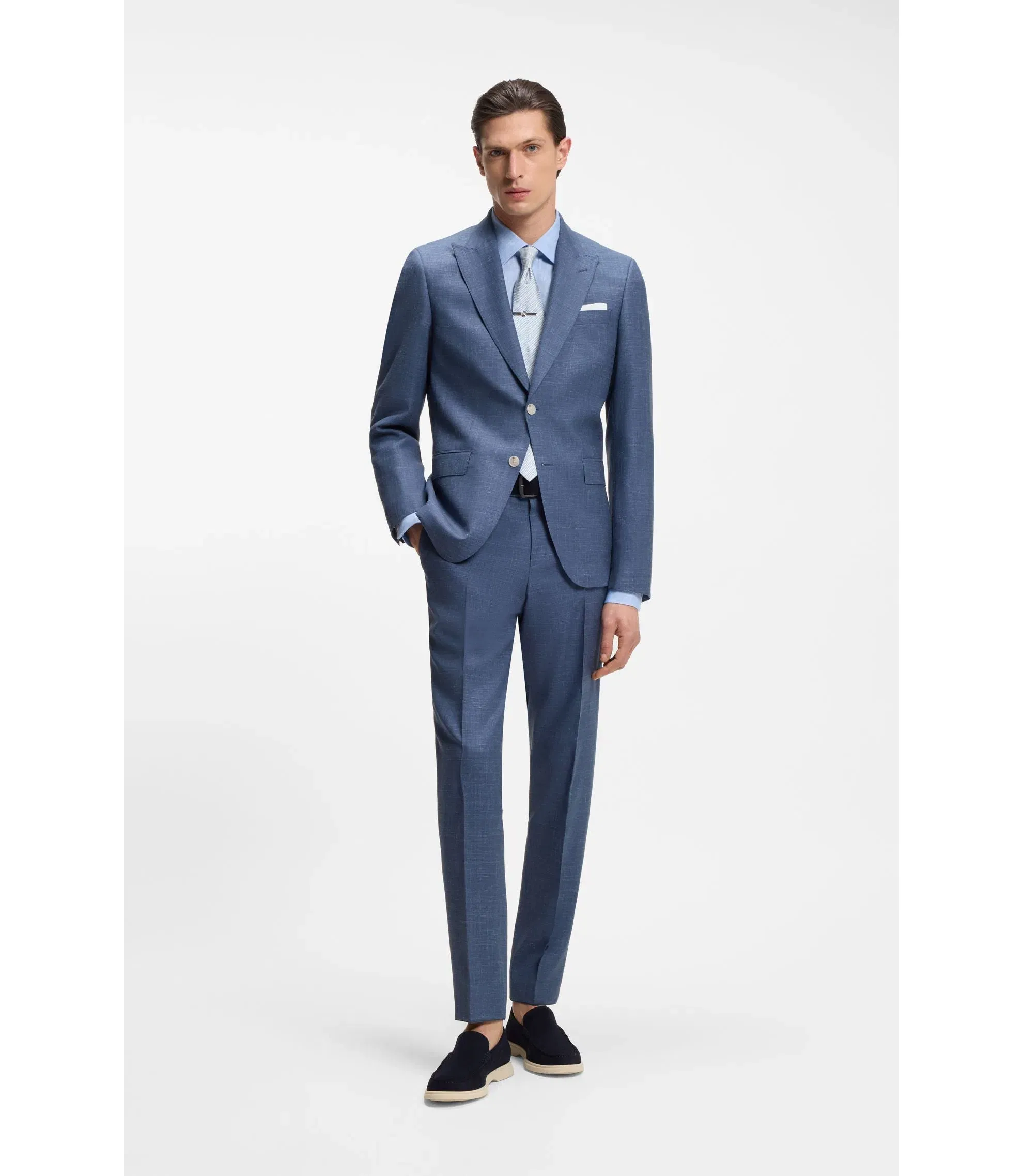 Boss Slim Fit Trousers In Virgin Wool Silk And Linen Light Blue