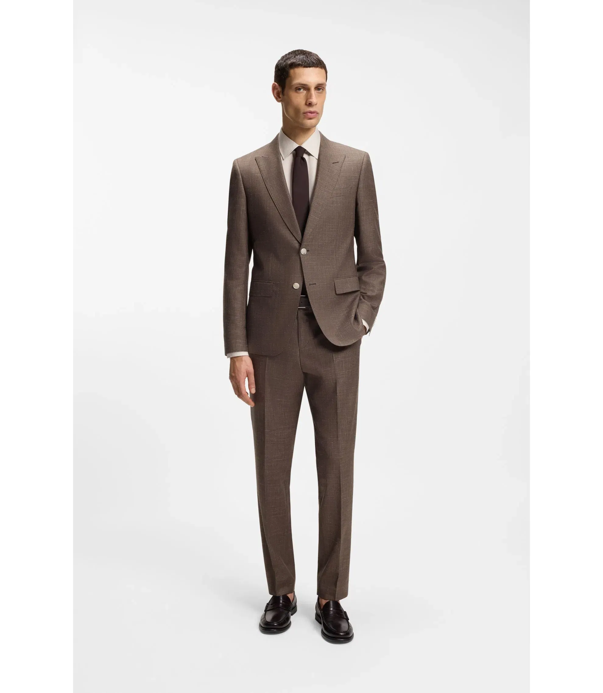Boss Slim Fit Trousers In Virgin Wool Silk And Linen Dark Brown