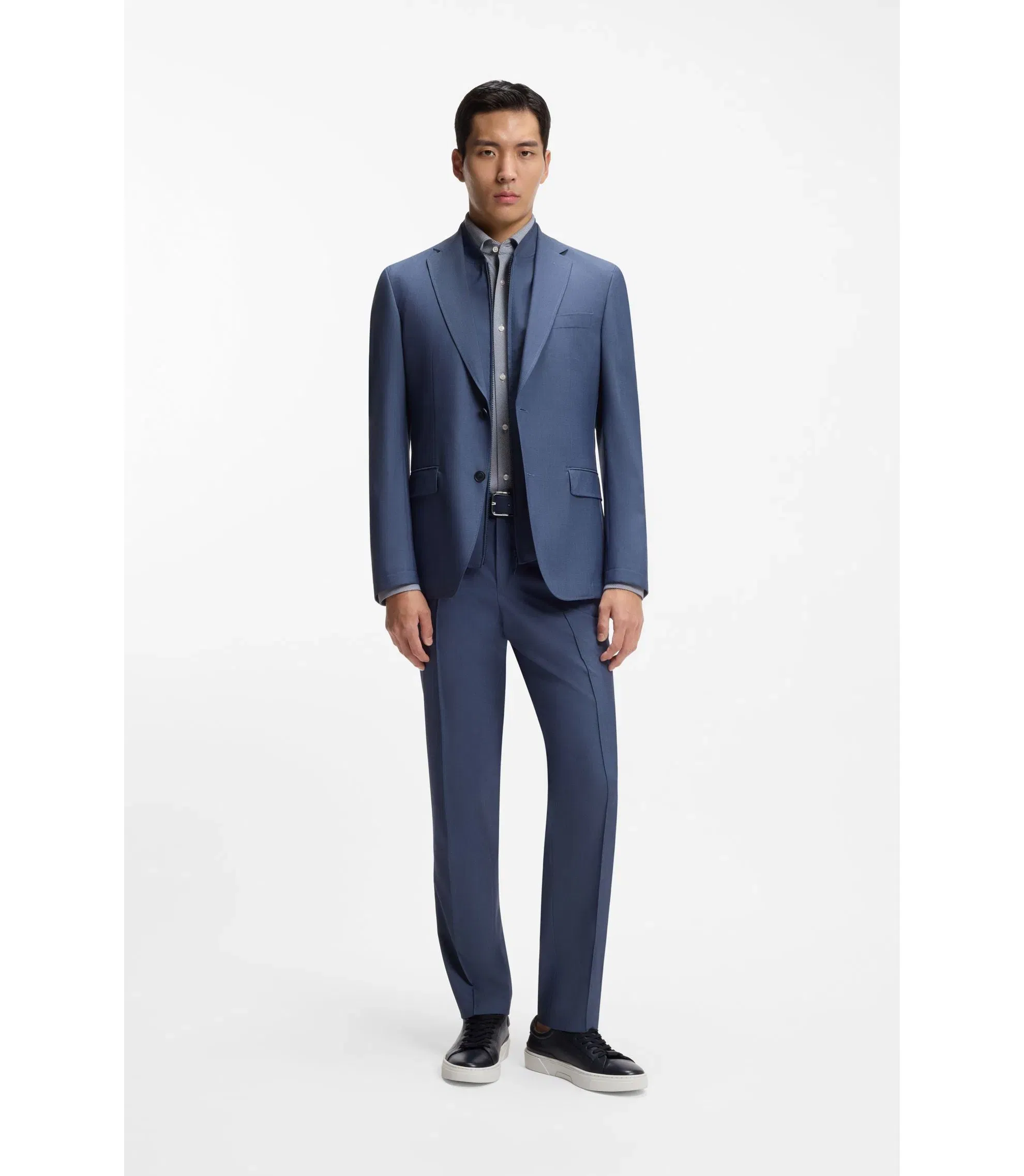 Boss Slim Fit Shirt In Structured Performance Stretch Fabric Dark Blue