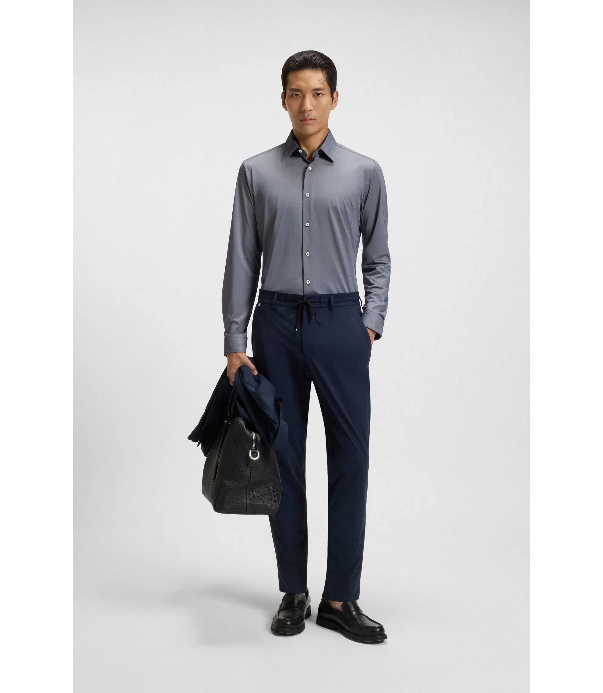 Boss Slim Fit Shirt In Structured Performance Stretch Fabric Grey