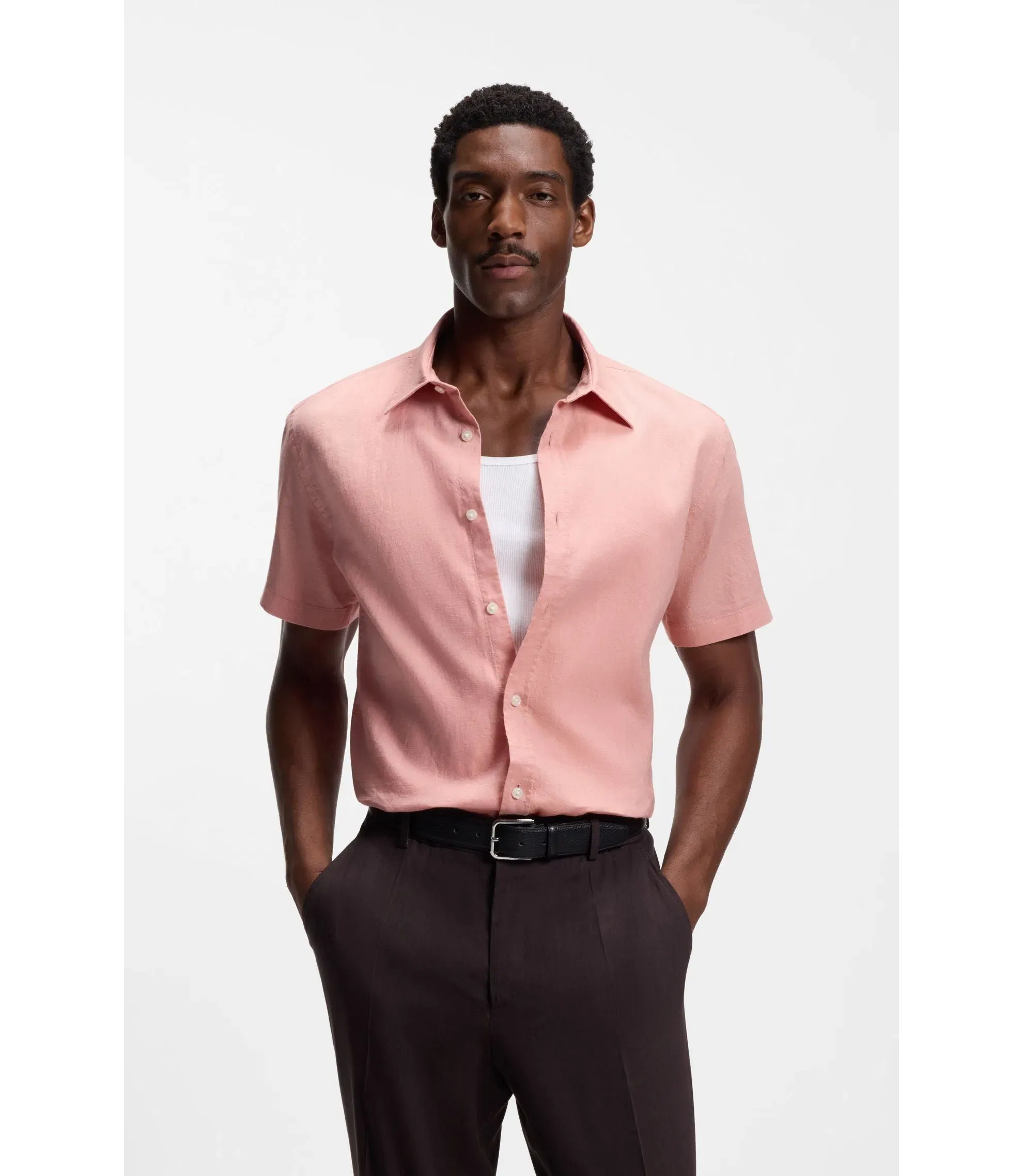 Boss Slim Fit Shirt In Stretch Linen Light Pink