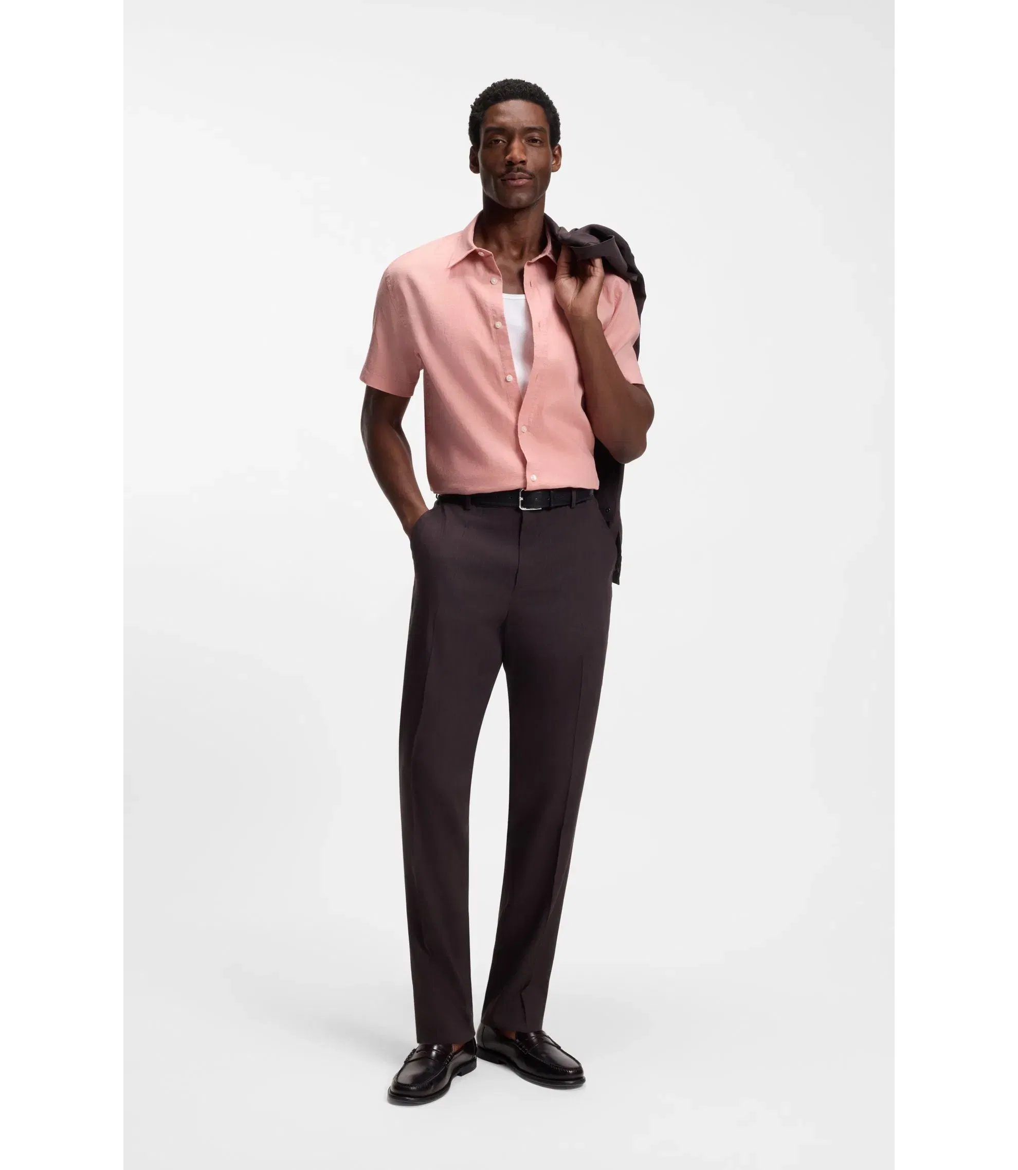 Boss Slim Fit Shirt In Stretch Linen Light Pink