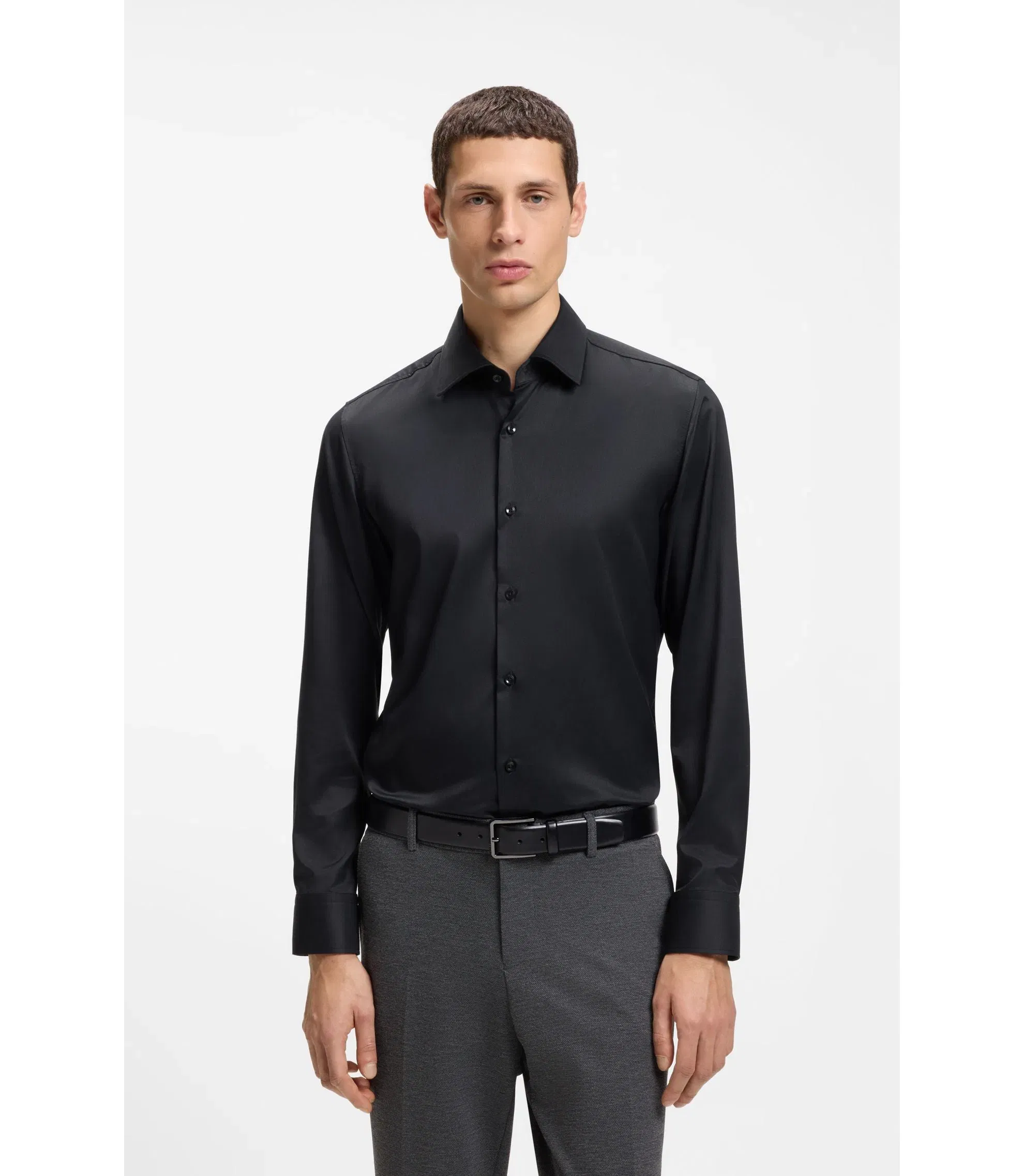 Boss Slim Fit Shirt In Performance Stretch Twill Black