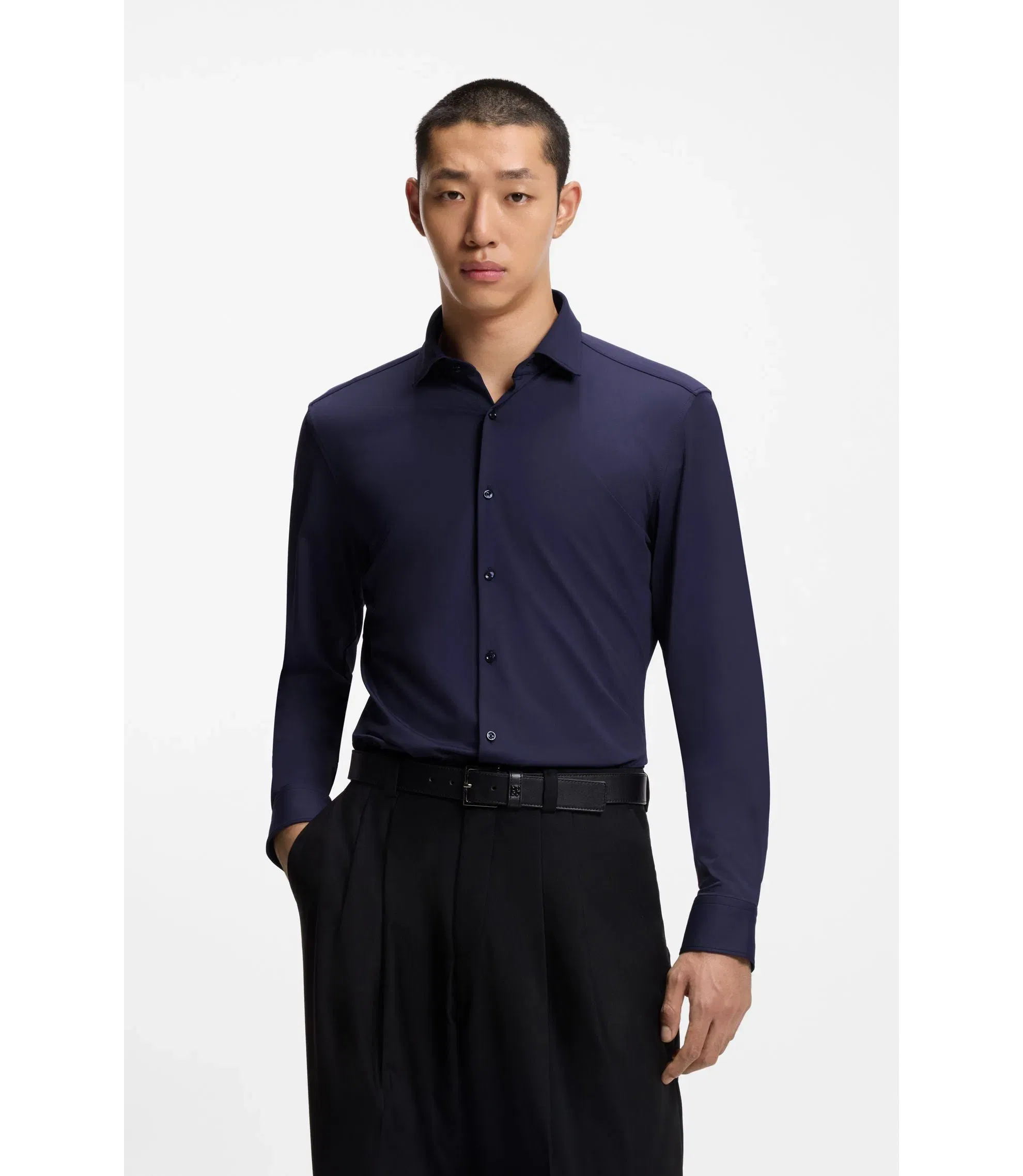 Hugo Slim Fit Shirt In Performance Stretch Jersey Dark Blue