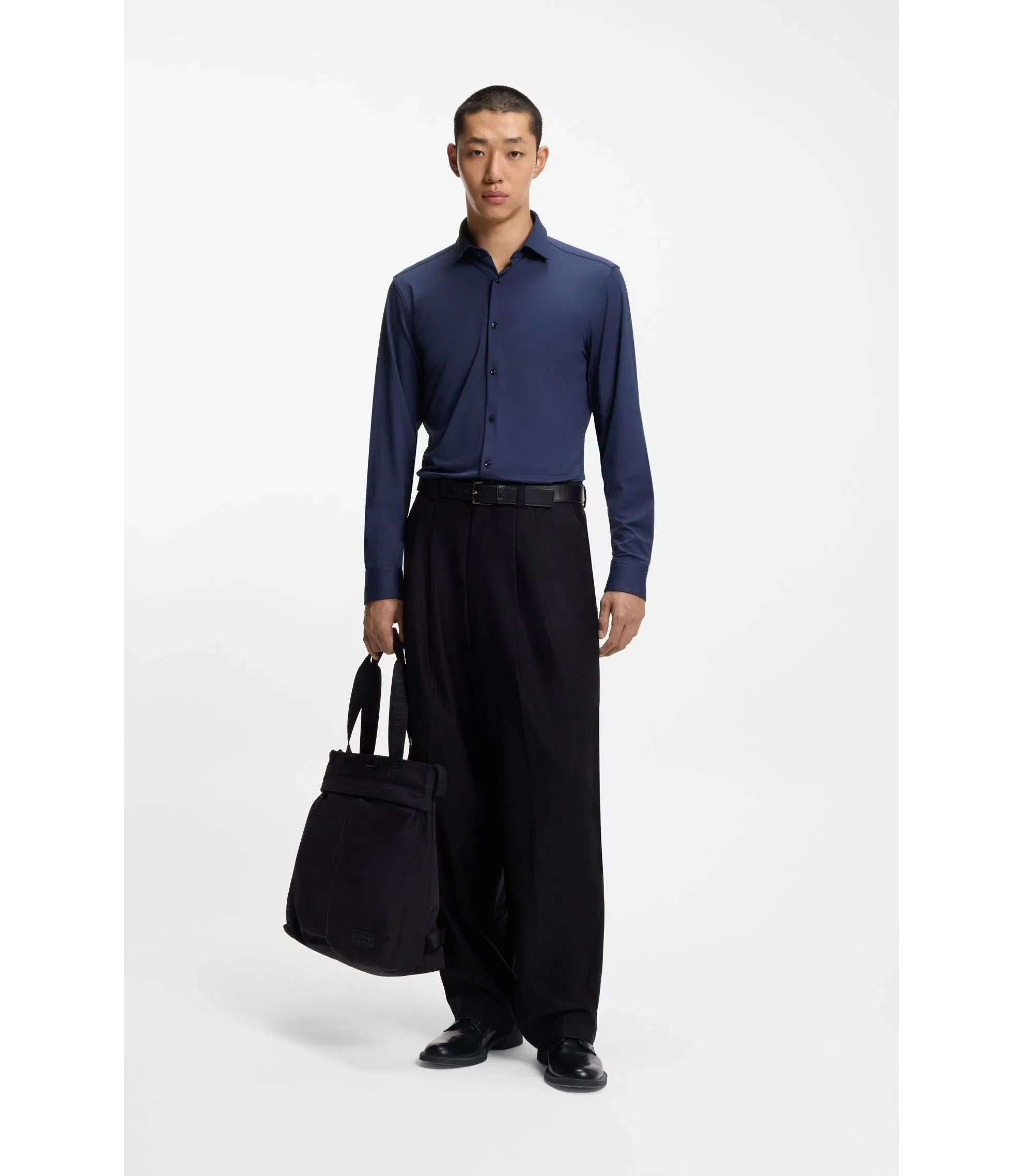 Hugo Slim Fit Shirt In Performance Stretch Jersey Dark Blue