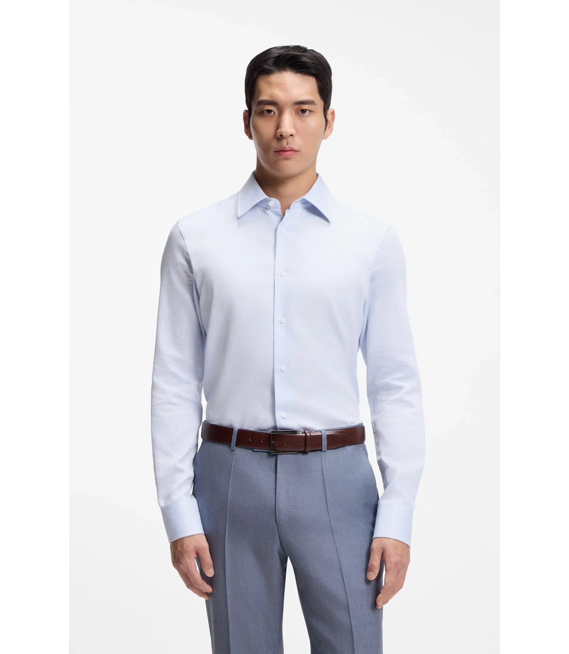 Boss Slim Fit Shirt In Italian Made Structured Cotton Light Blue