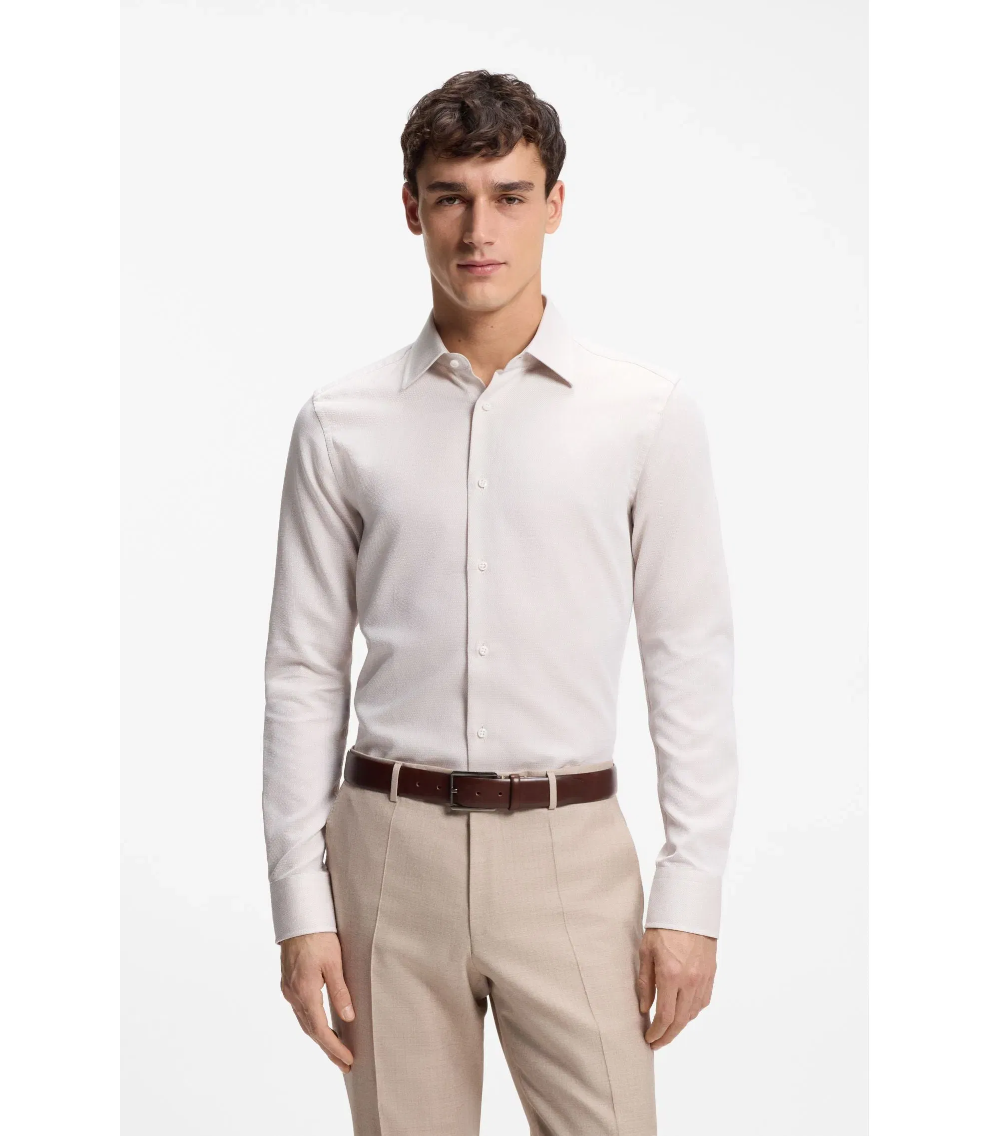 Boss Slim Fit Shirt In Italian Made Structured Cotton Beige
