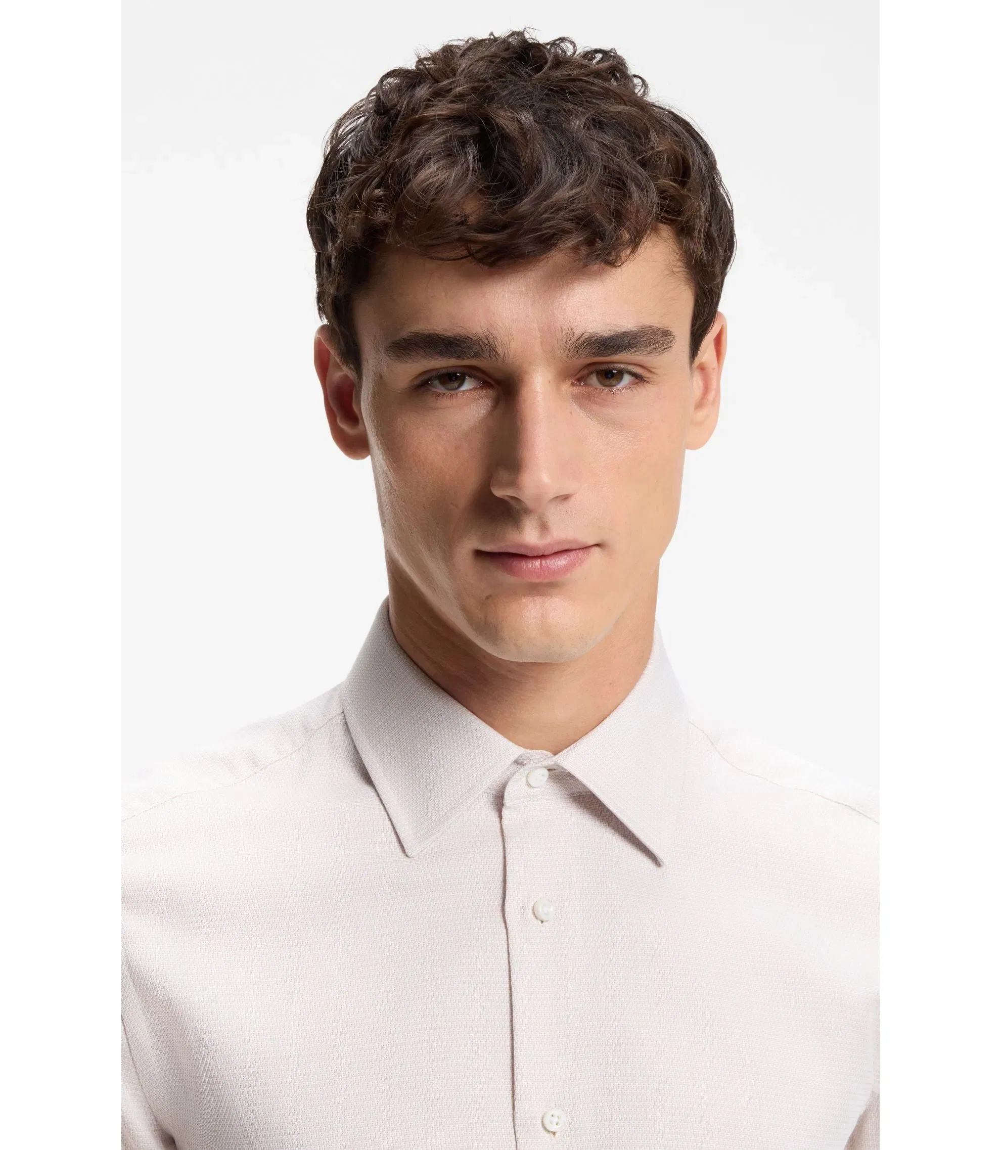 Boss Slim Fit Shirt In Italian Made Structured Cotton Beige