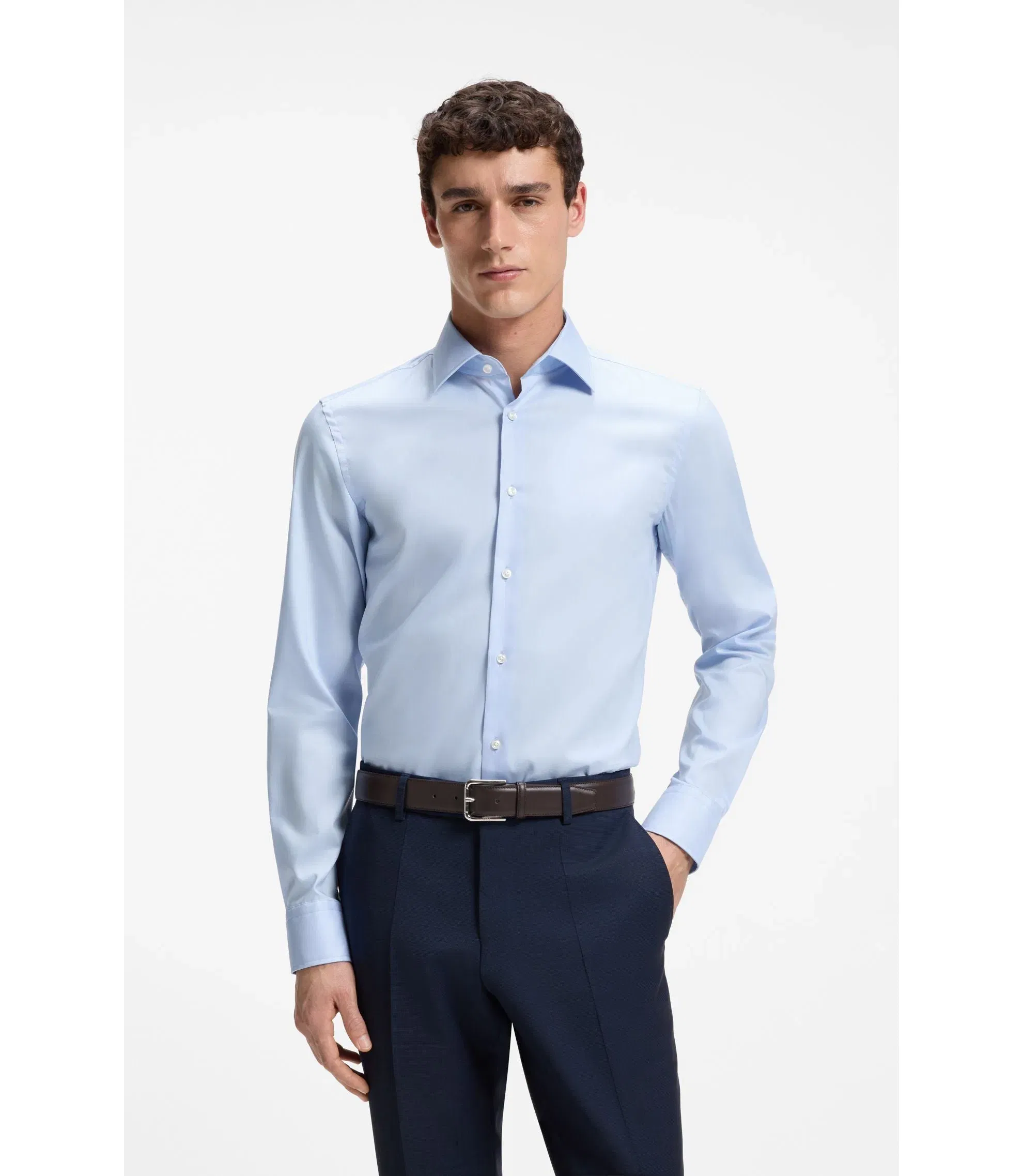 Boss Slim Fit Shirt In Easy Iron Cotton Poplin Light Blue