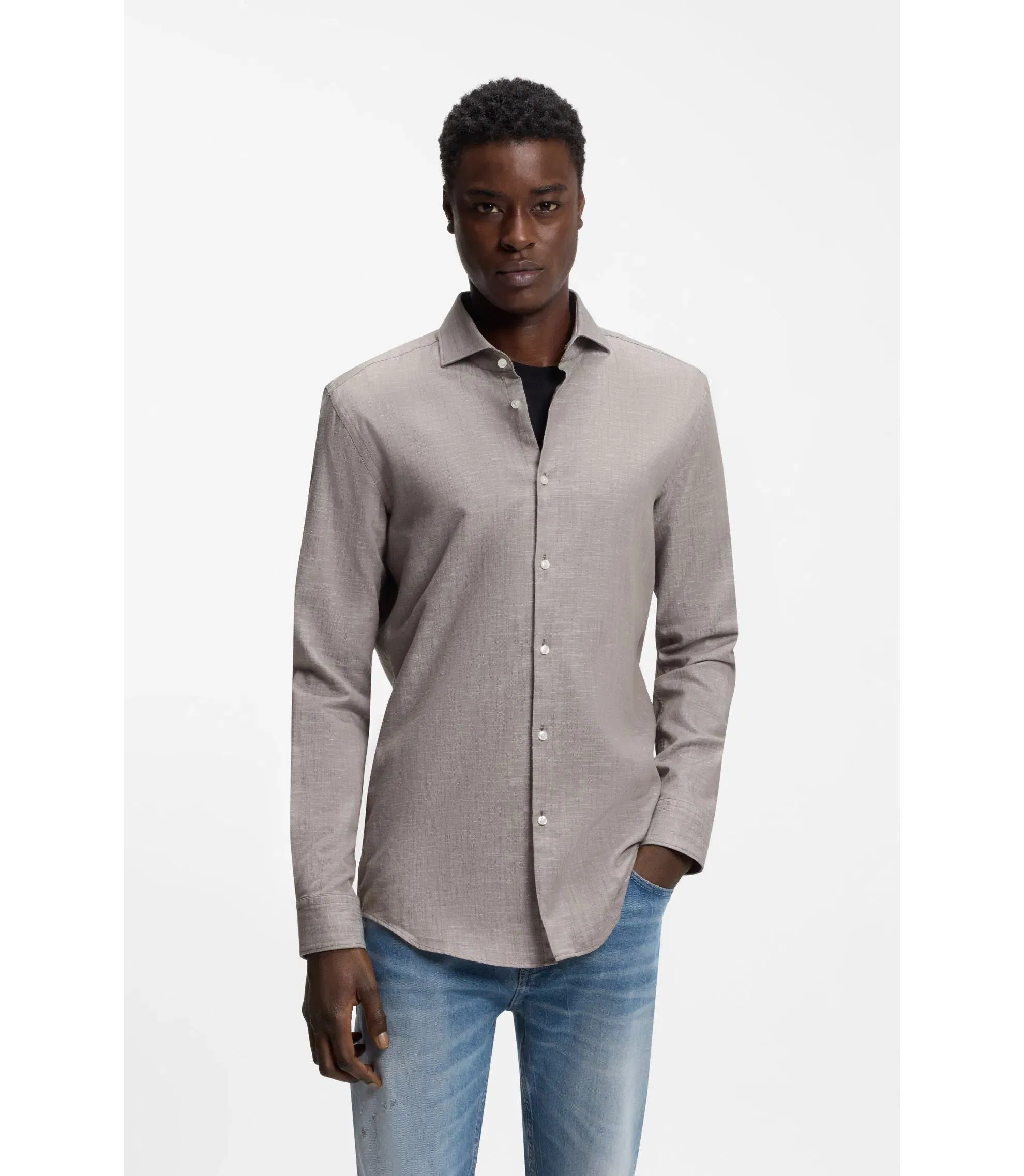 Hugo Slim Fit Shirt In Cotton And Linen Light Brown