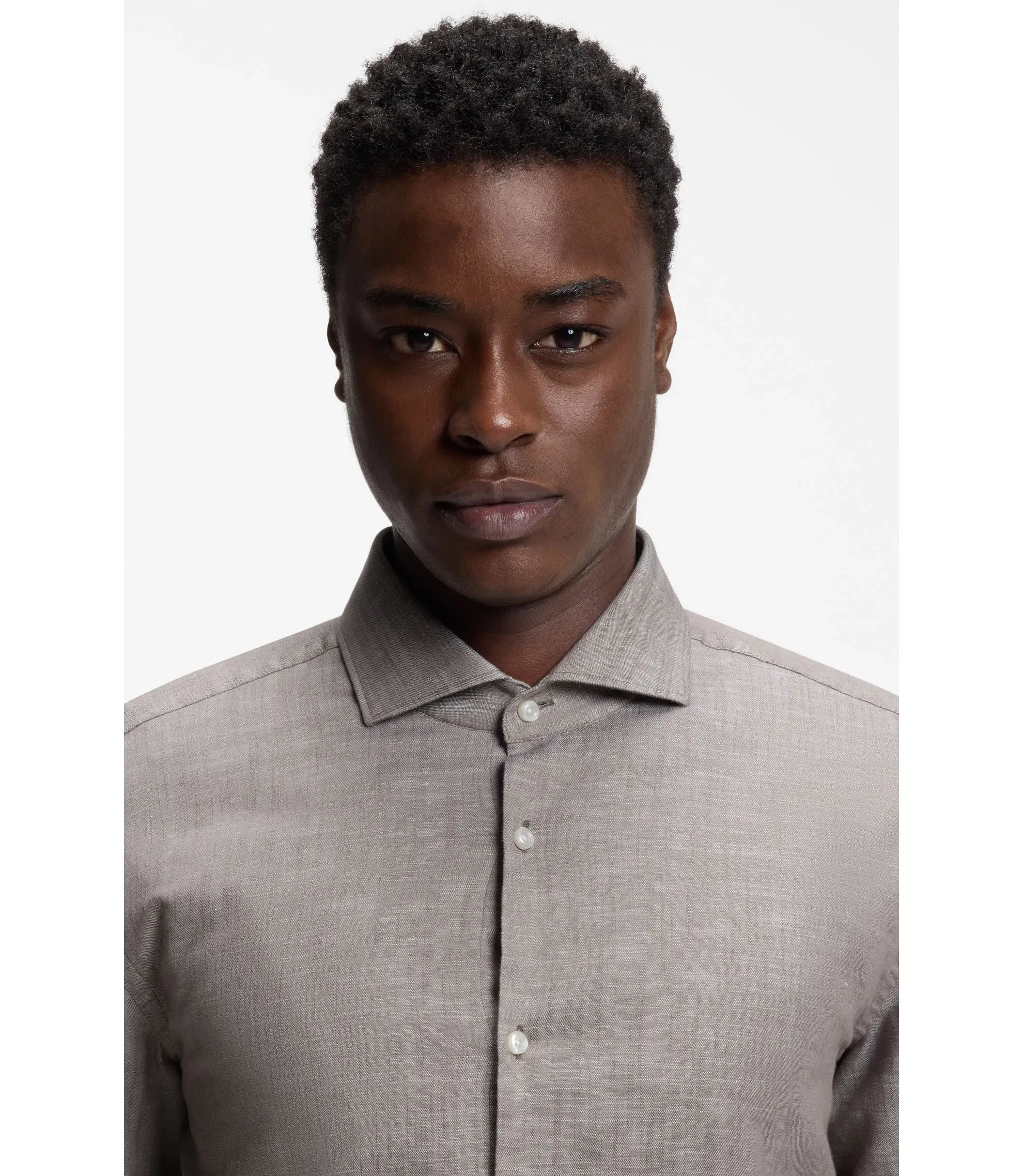 Hugo Slim Fit Shirt In Cotton And Linen Light Brown