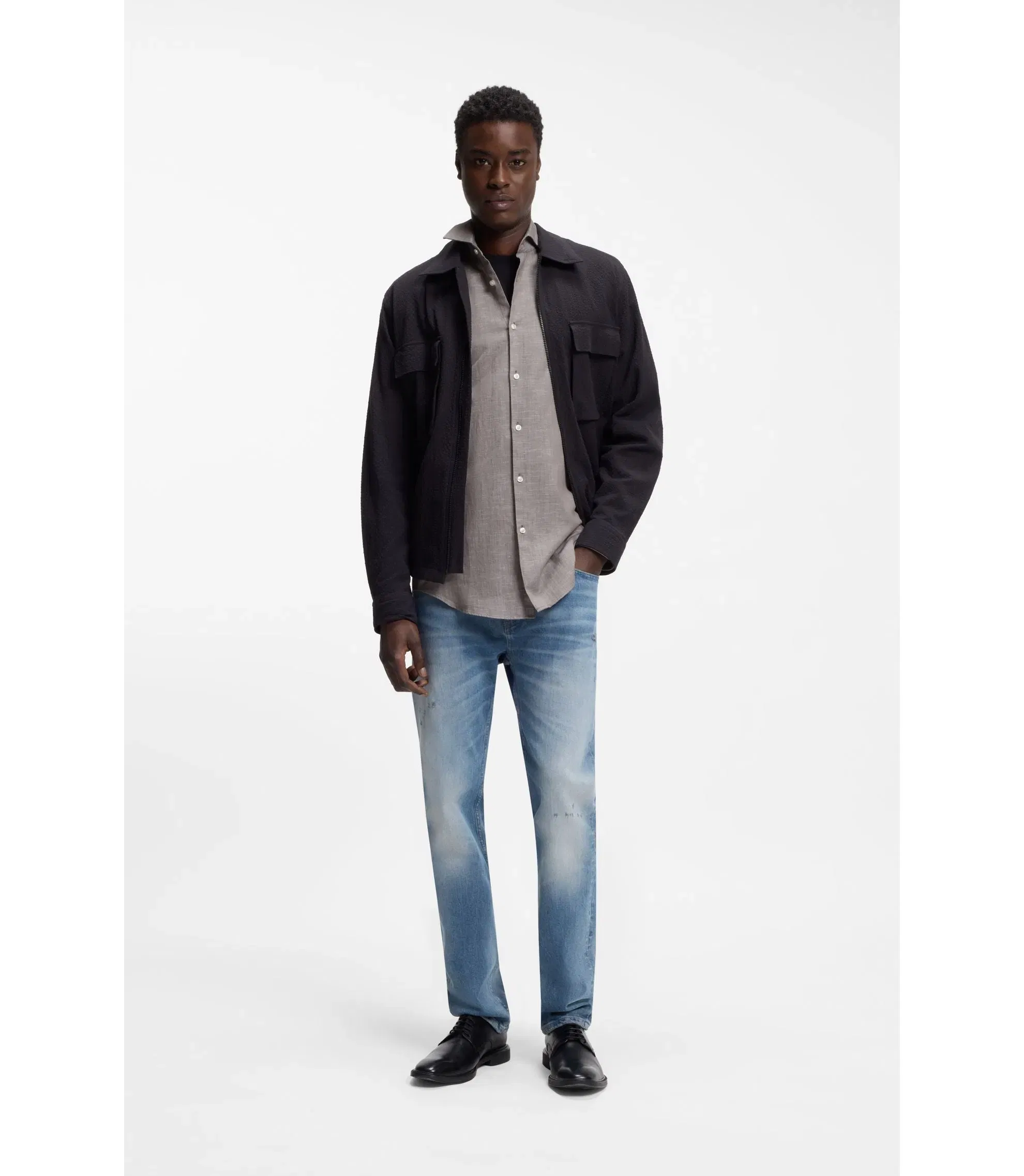 Hugo Slim Fit Shirt In Cotton And Linen Light Brown