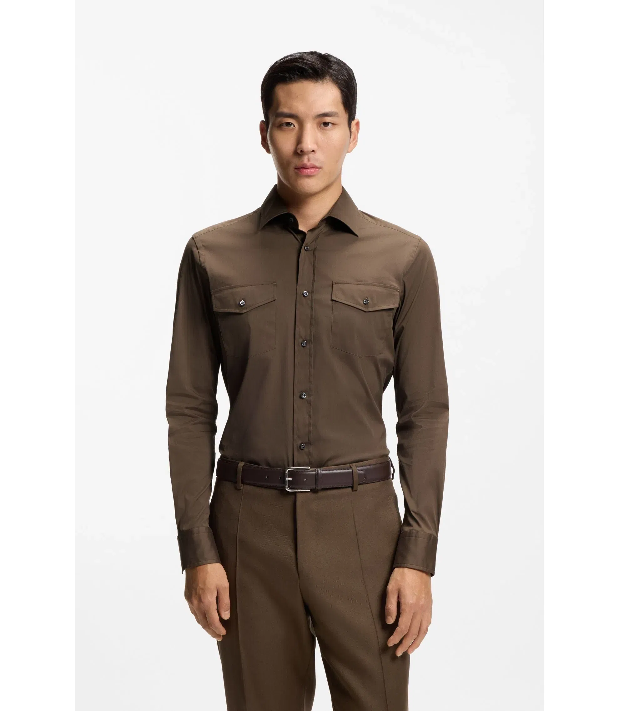 Boss Slim Fit Shirt In An Italian Made Cotton Blend Light Green