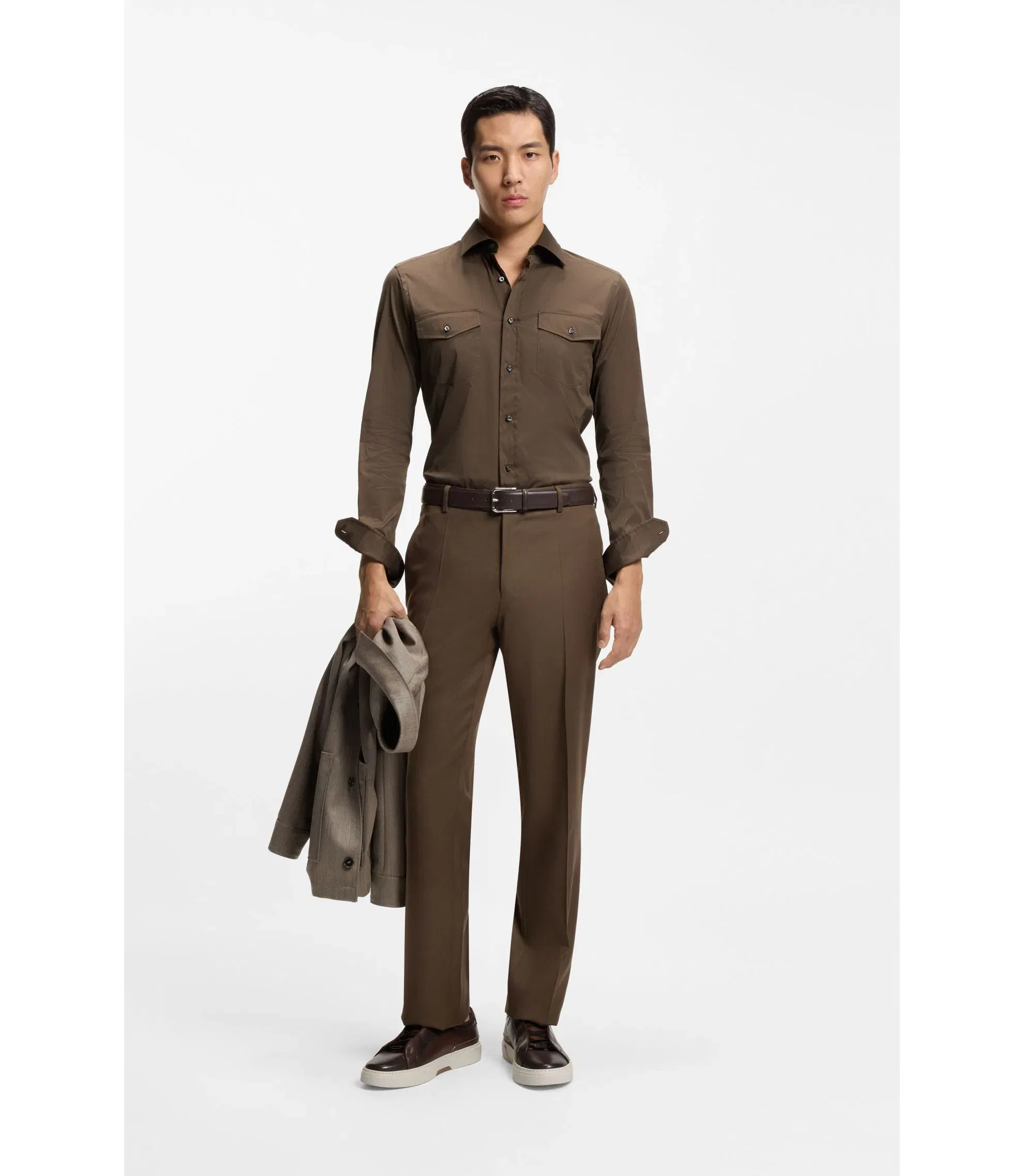 Boss Slim Fit Shirt In An Italian Made Cotton Blend Light Green