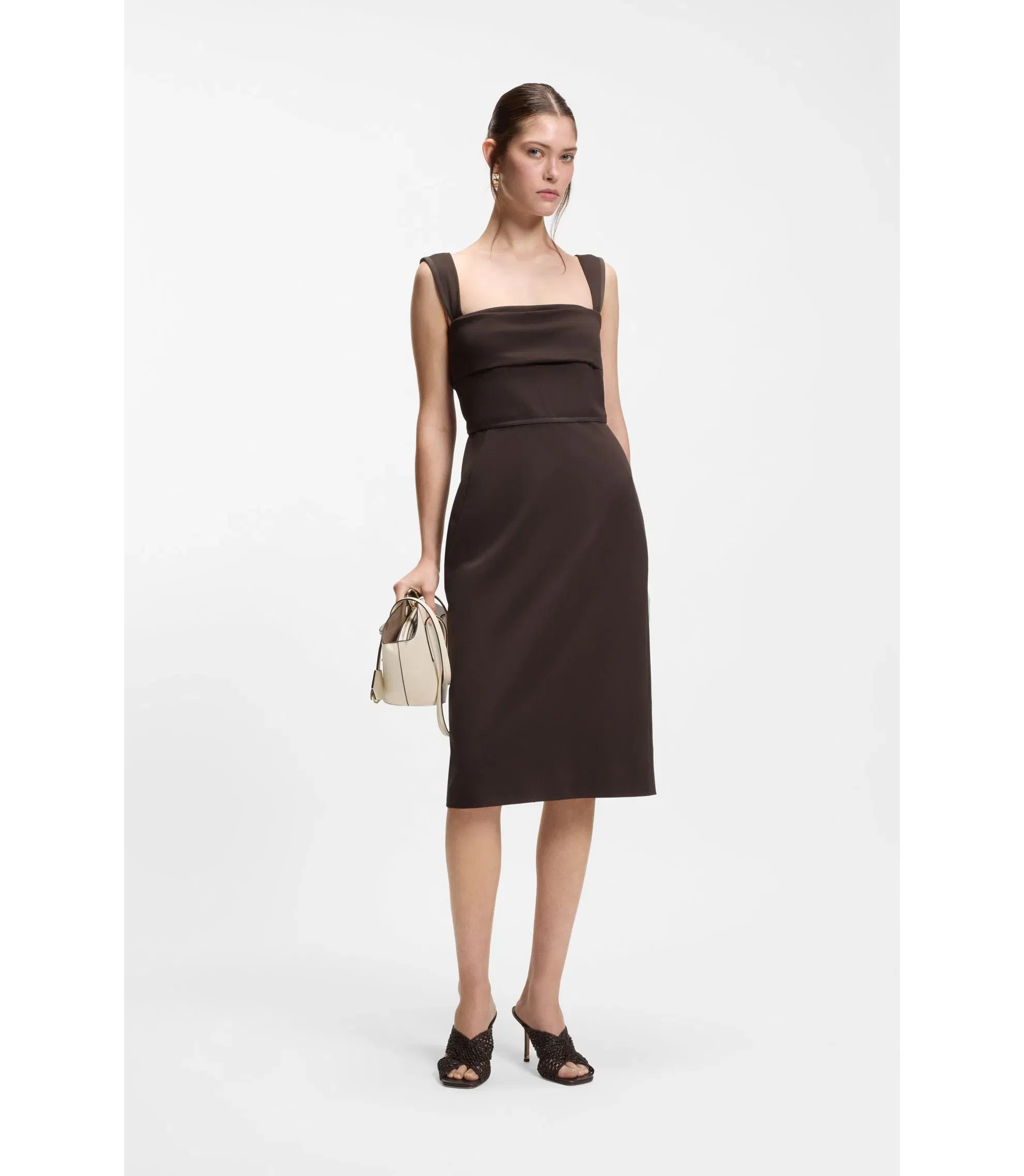 Boss Slim Fit Jersey Dress With Layered Detail Dark Brown Women's