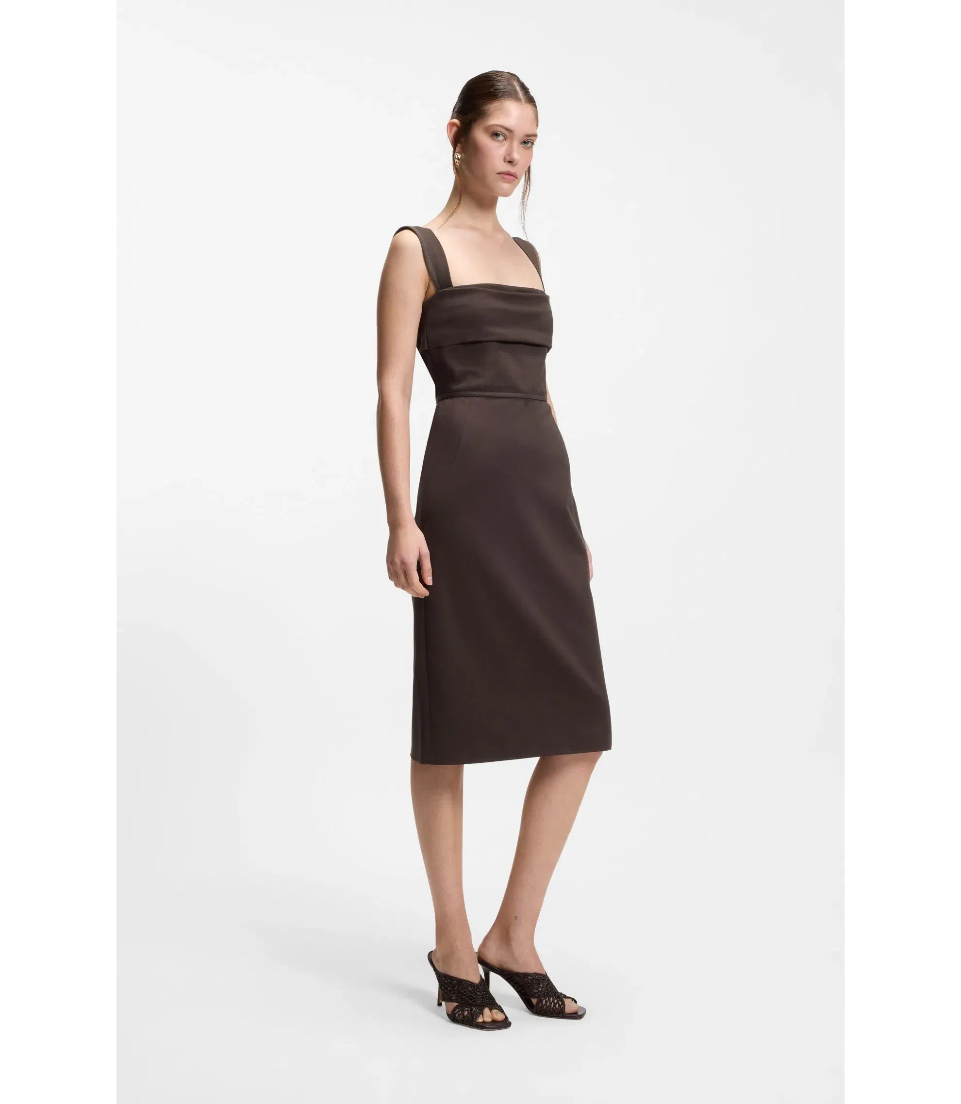 Boss Slim Fit Jersey Dress With Layered Detail Dark Brown Women's