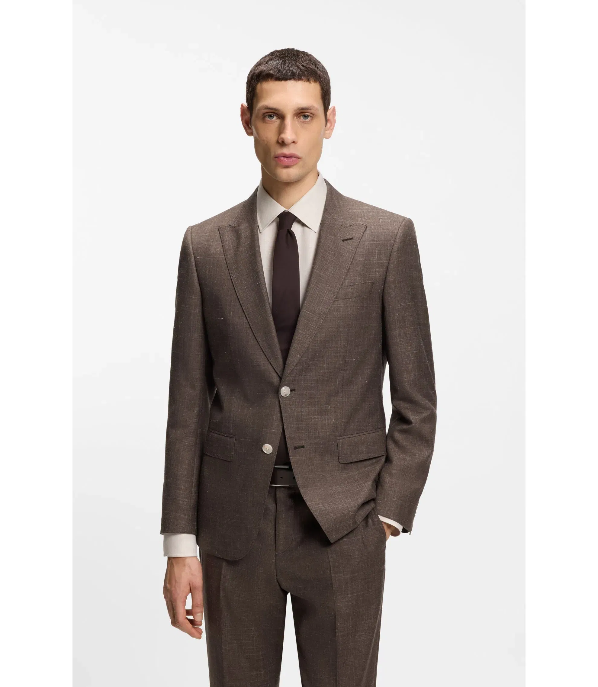Boss Slim Fit Jacket In Virgin Wool Silk And Linen Dark Brown