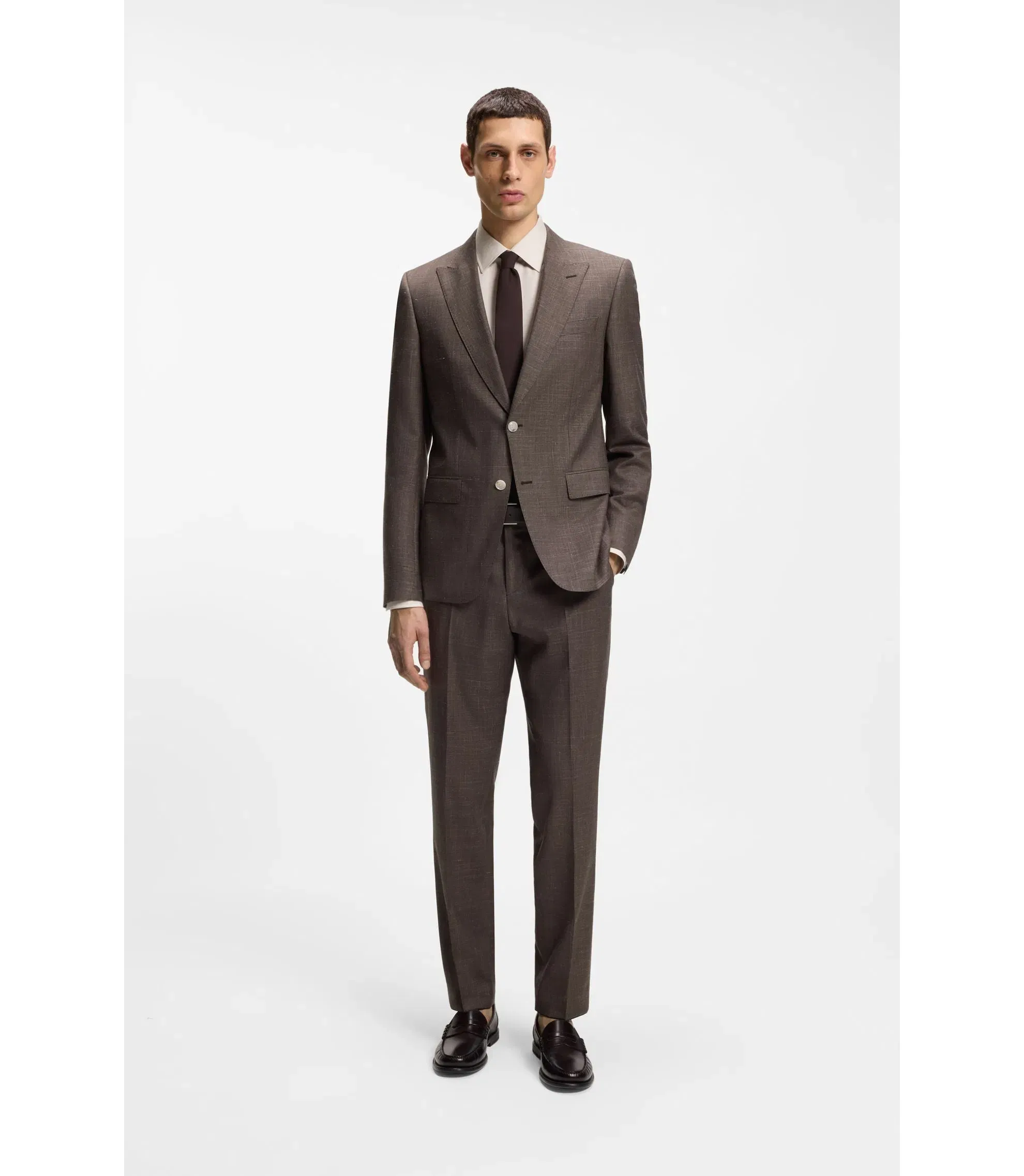 Boss Slim Fit Jacket In Virgin Wool Silk And Linen Dark Brown