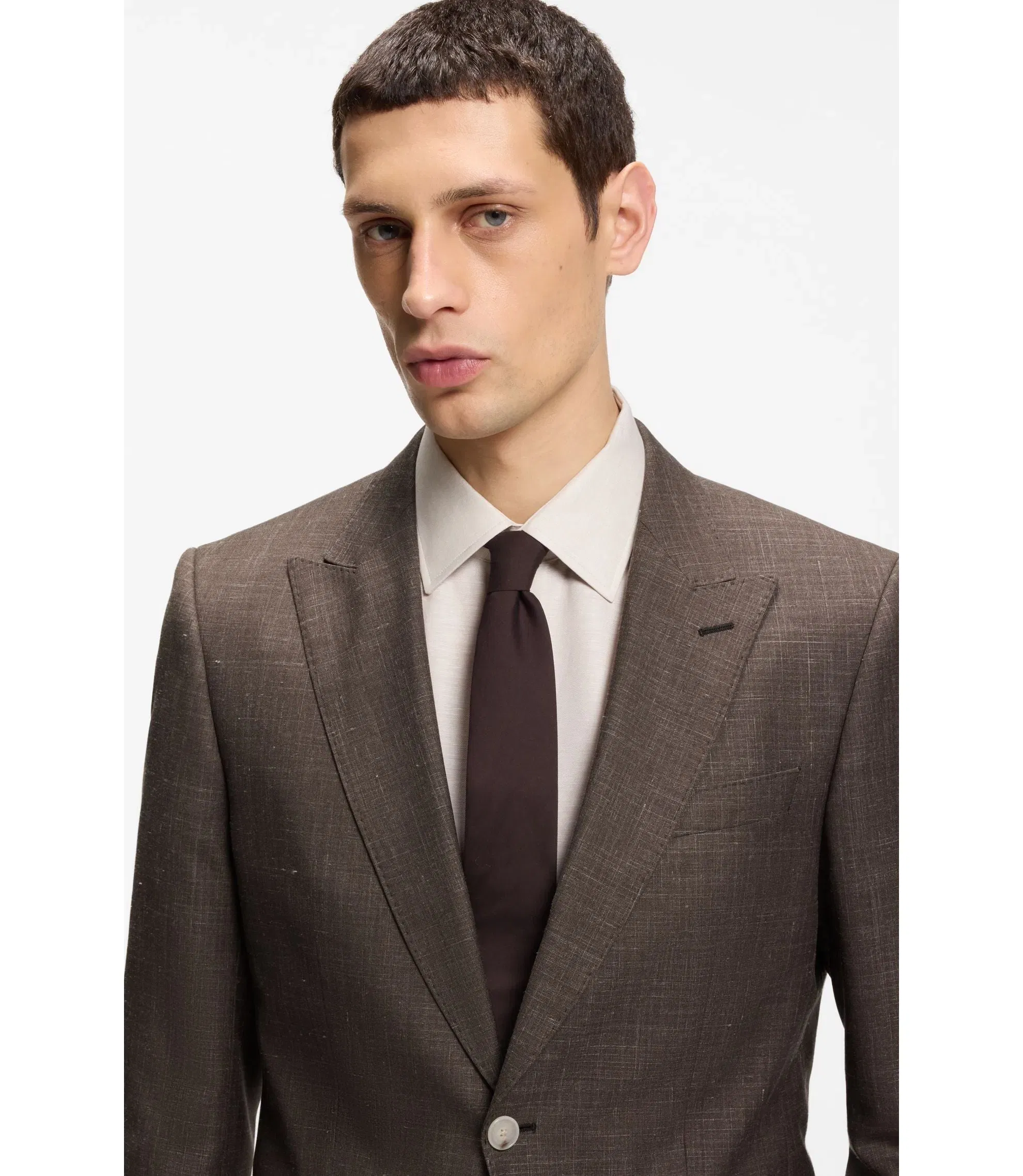 Boss Slim Fit Jacket In Virgin Wool Silk And Linen Dark Brown
