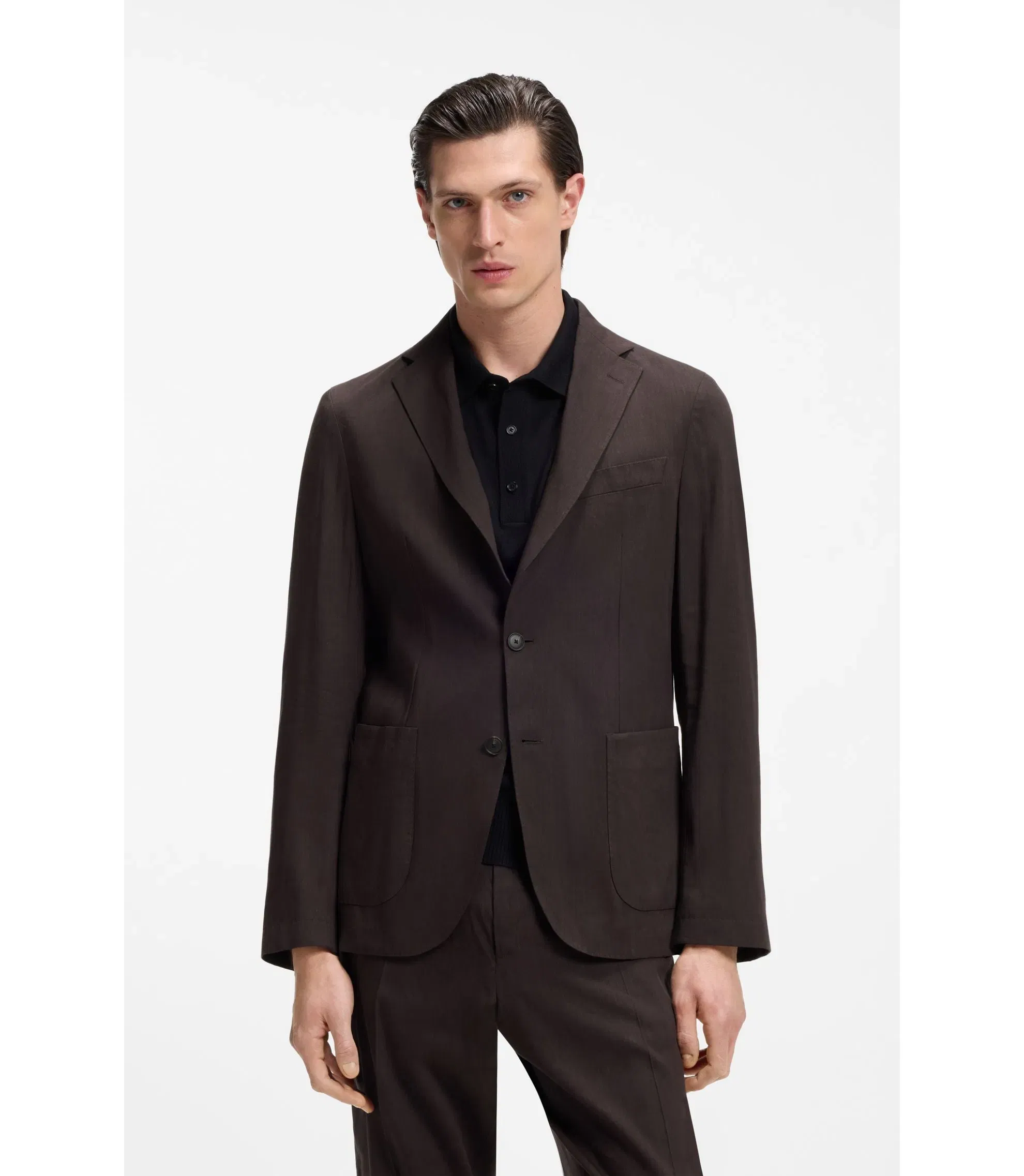 Boss Slim Fit Jacket In Tech Linen Dark Brown
