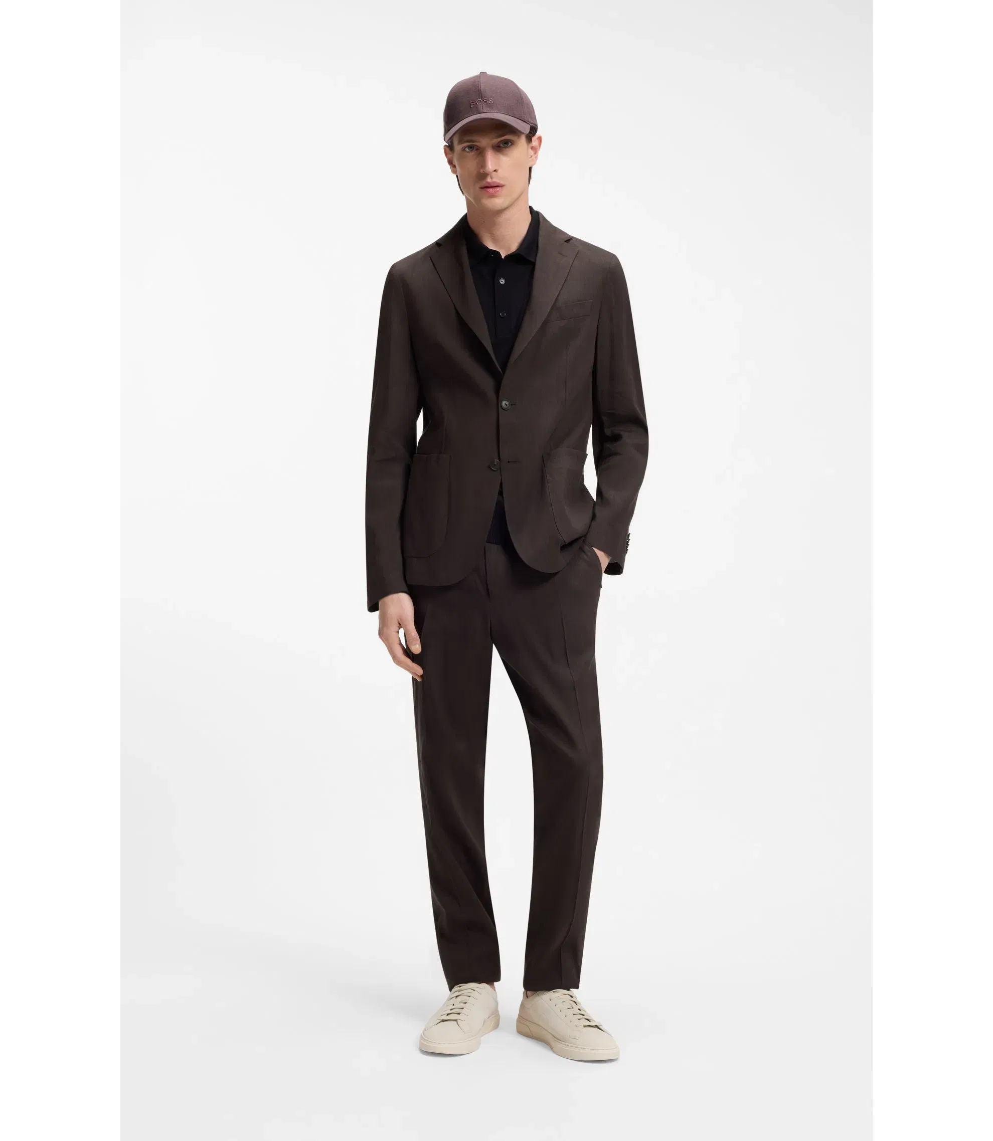 Boss Slim Fit Jacket In Tech Linen Dark Brown
