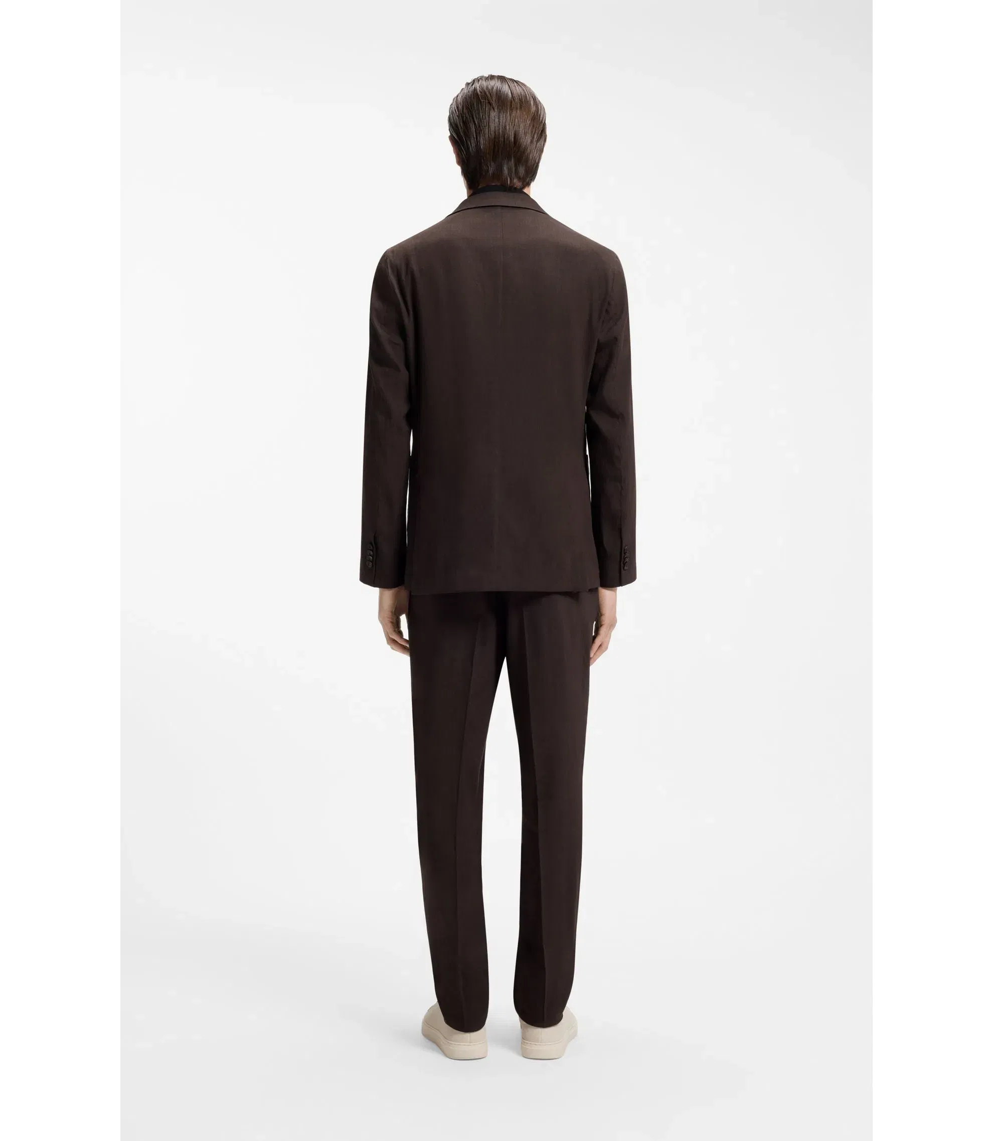 Boss Slim Fit Jacket In Tech Linen Dark Brown